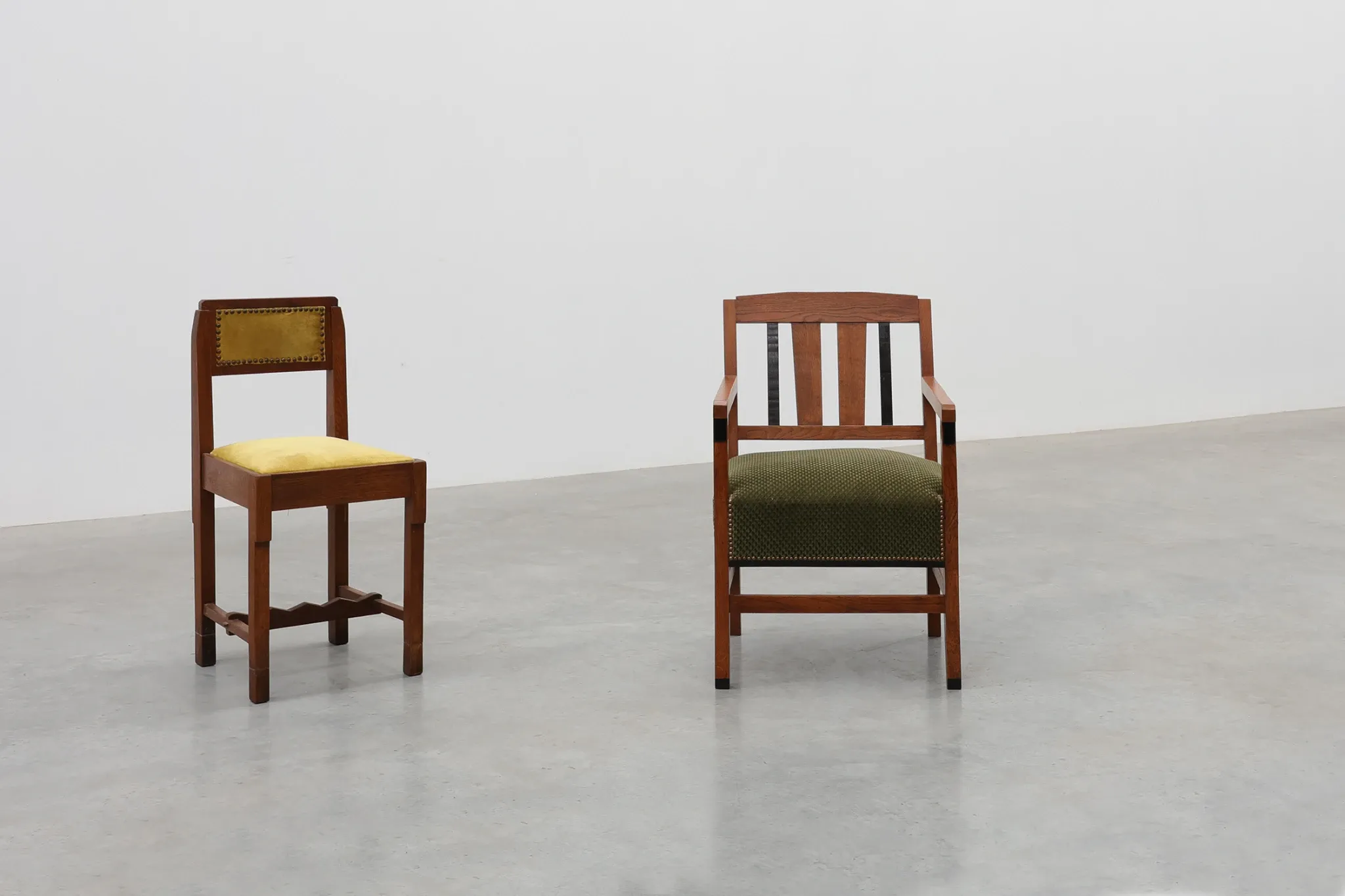 Amsterdamse School Oak Armchair with Green Velvet Seat, Netherlands, 1920s