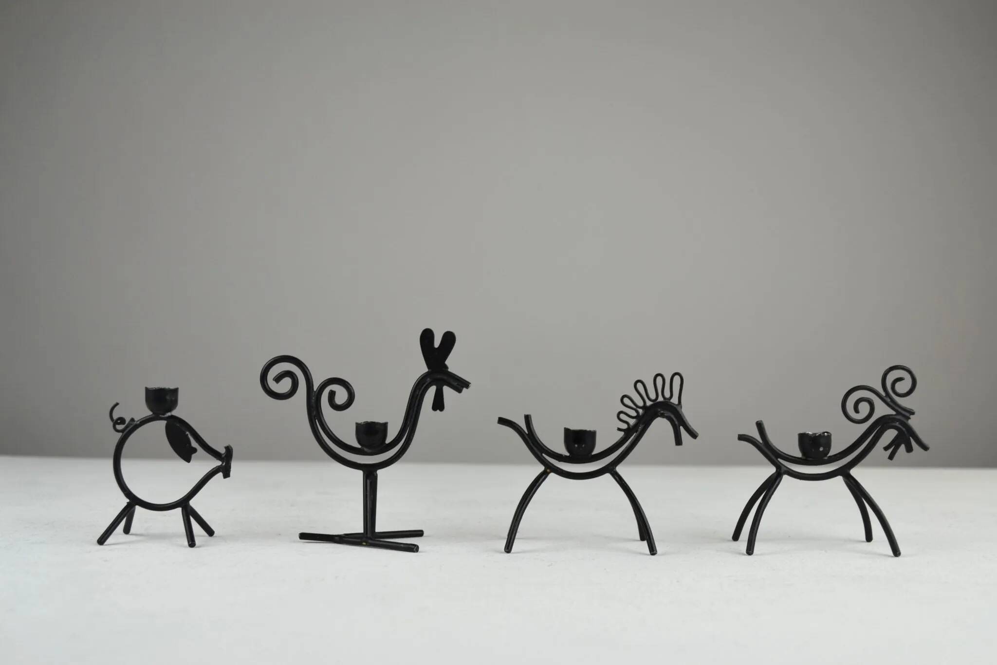 Set of 6 Black Metal Farm Animal Candleholders — Gunnar Ander for Ystad-Metall, Sweden, 1960s