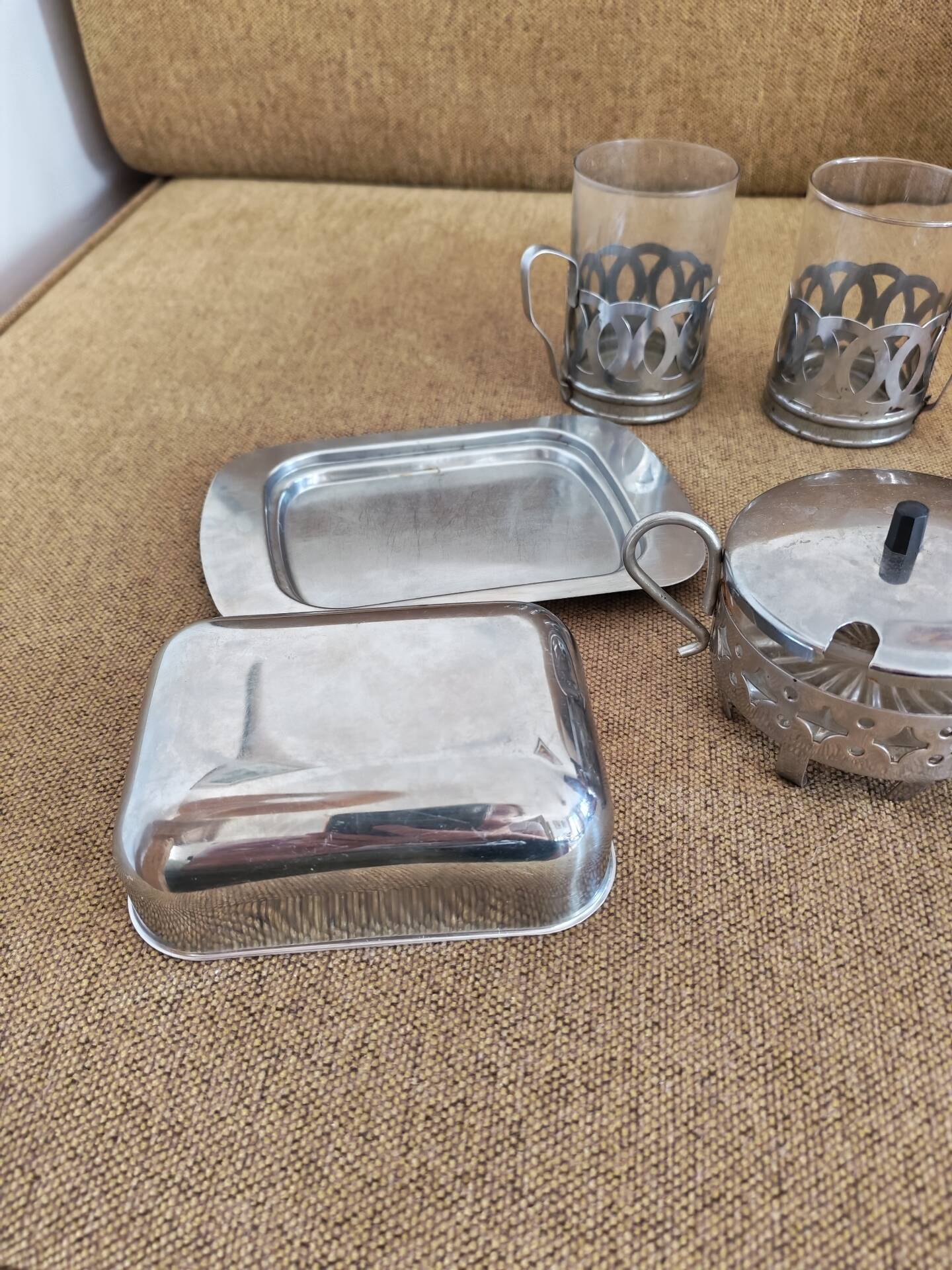 Vintage glass and silver metal breakfast set