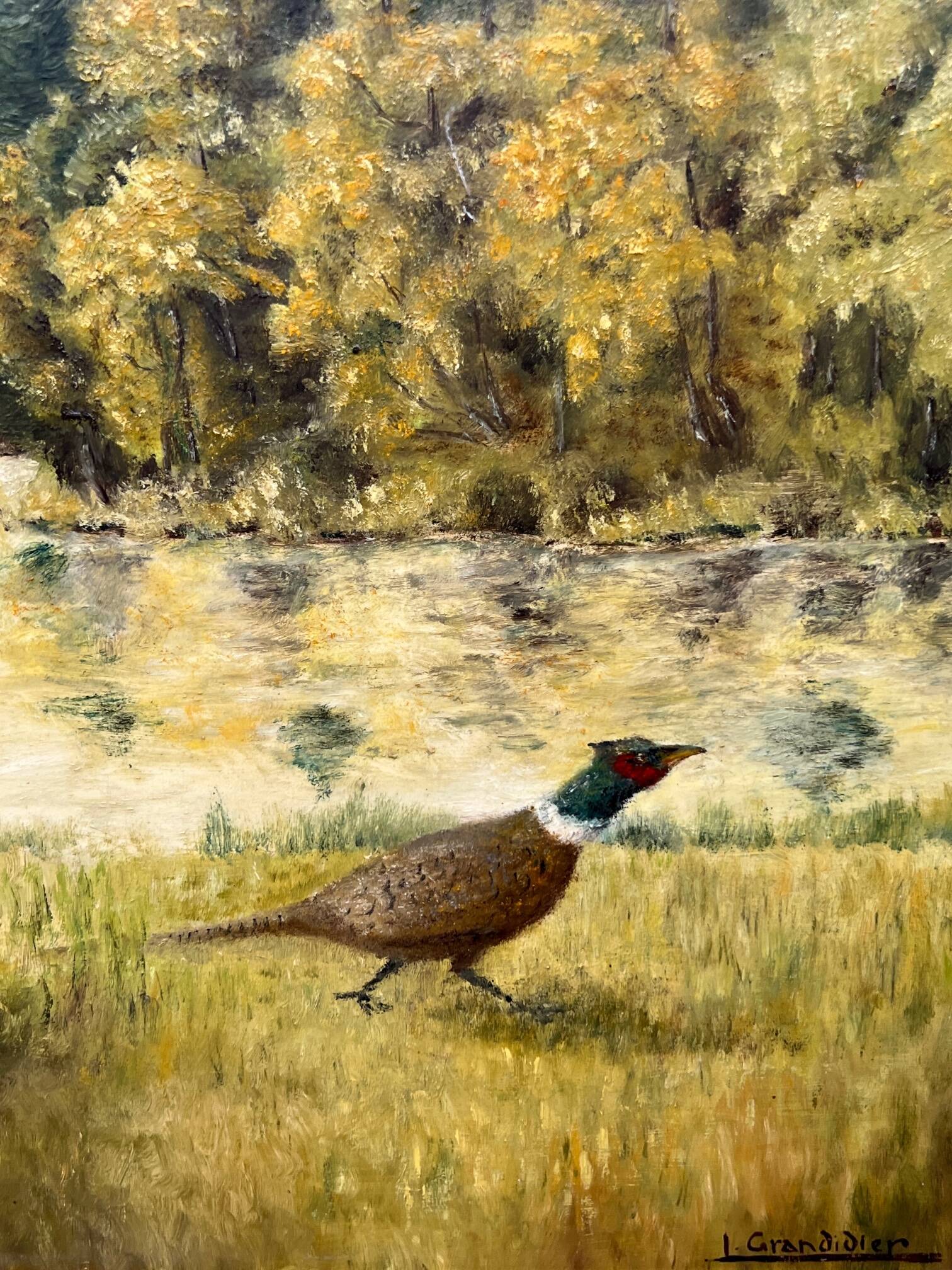 I. Grandidier. “Pheasant Hunting” painting. Oil on wood panel.