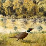 I. Grandidier. “Pheasant Hunting” painting. Oil on wood panel.