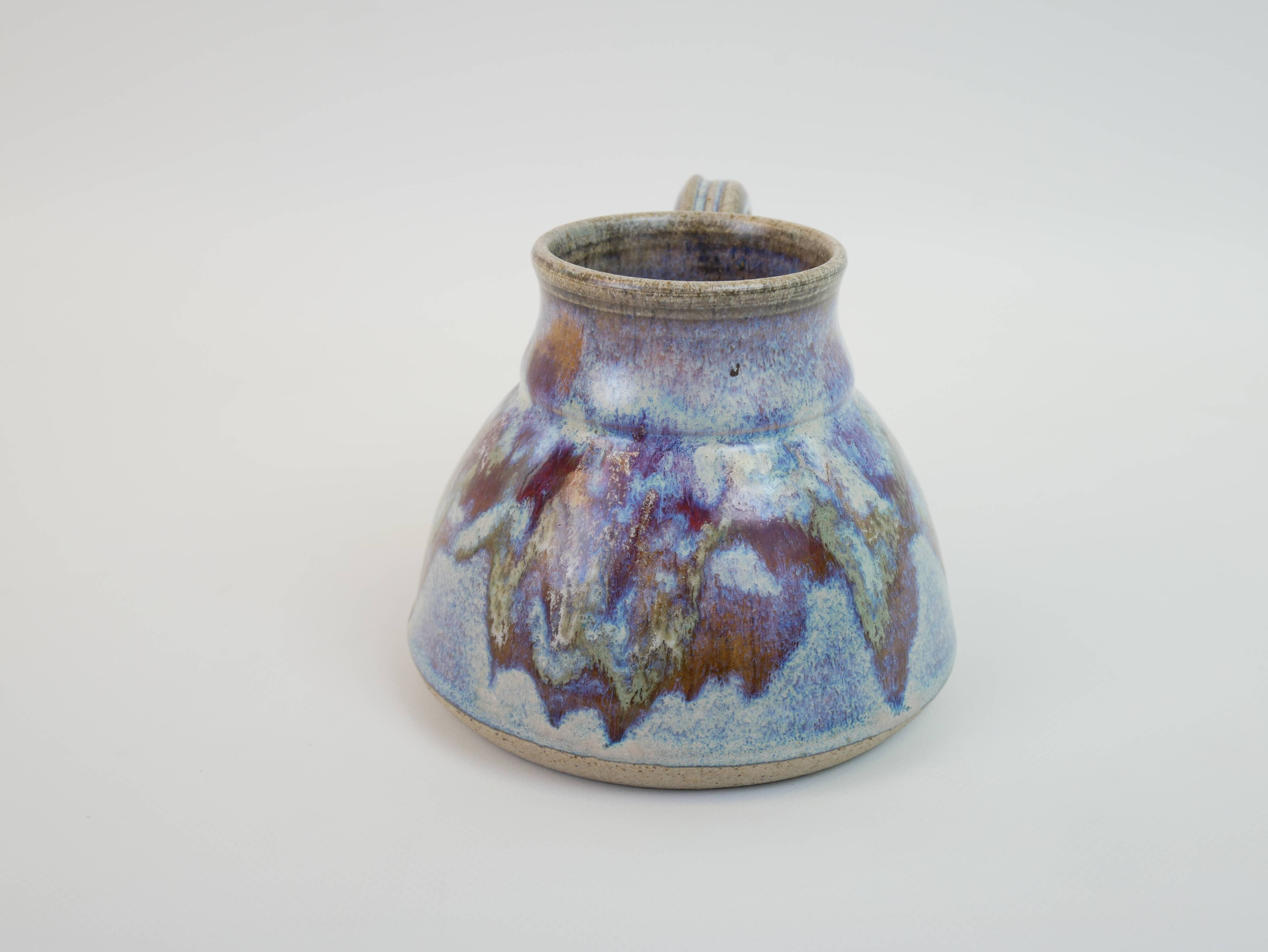signed blue purple enamel ceramic pitcher