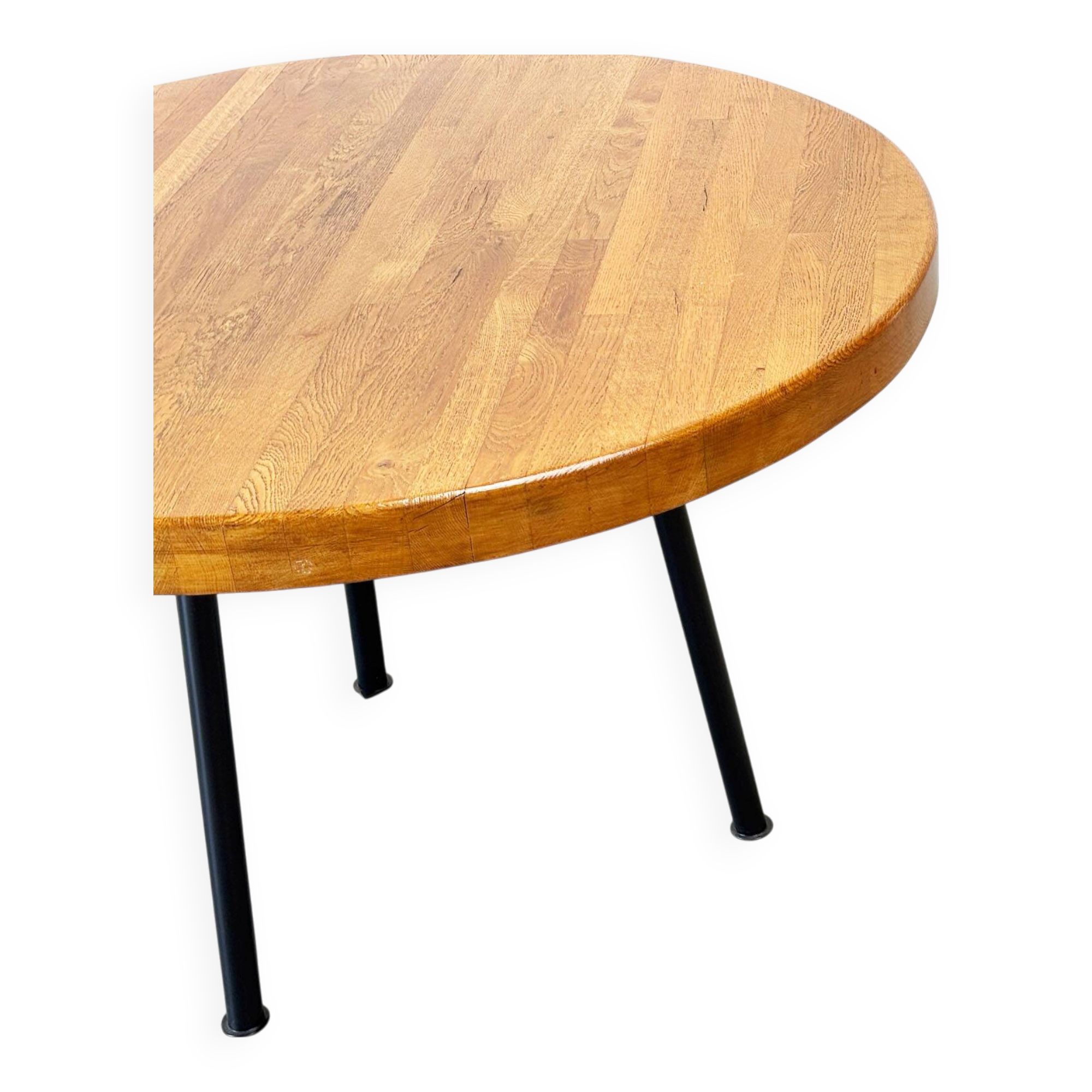 Industrial French round dining table with oak top