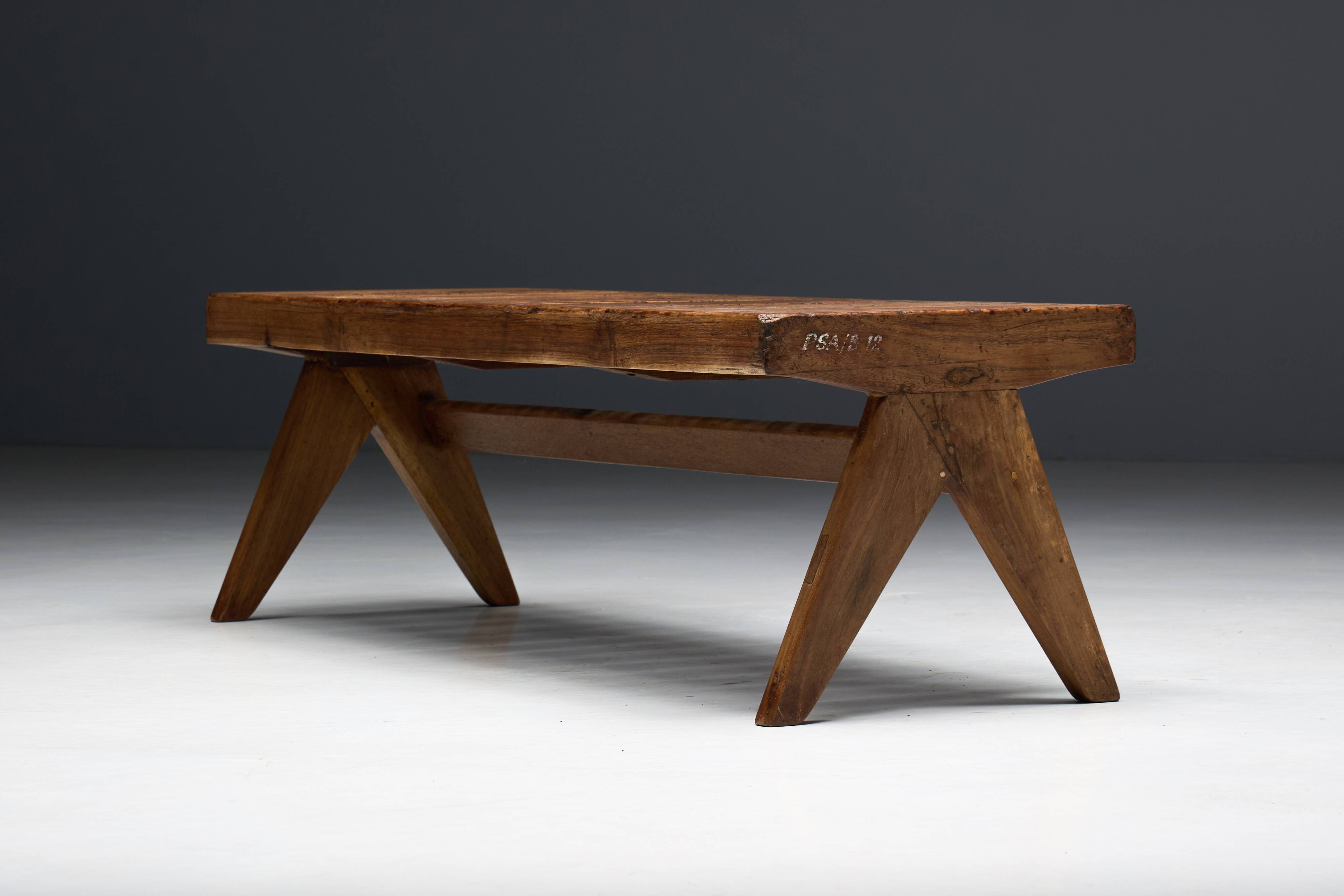 Solid Teak Slatted Bench by Pierre Jeanneret, India, 1950s