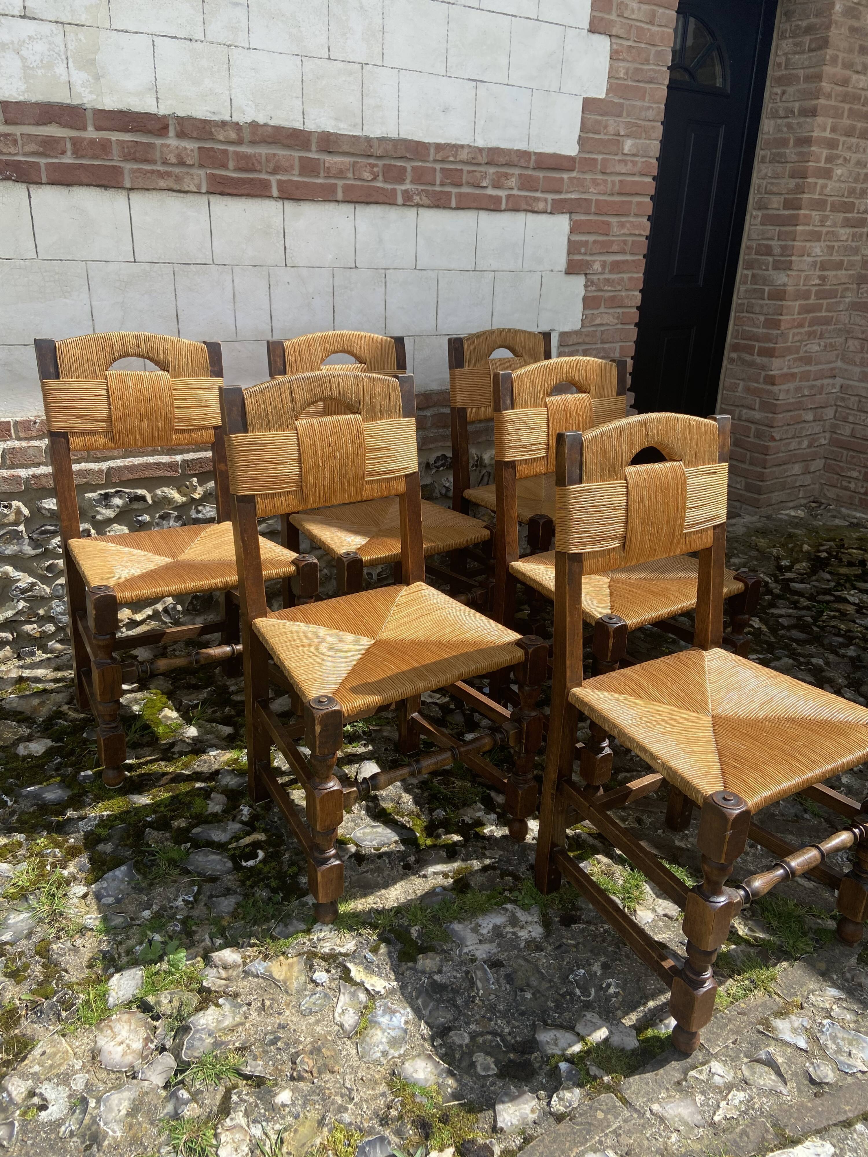 Six brutalist chairs straws and wood 60s