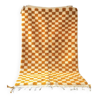 Moroccan checkerboard rug in off-white and terracotta brown. 100% pure wool, handmade. 255x155cm