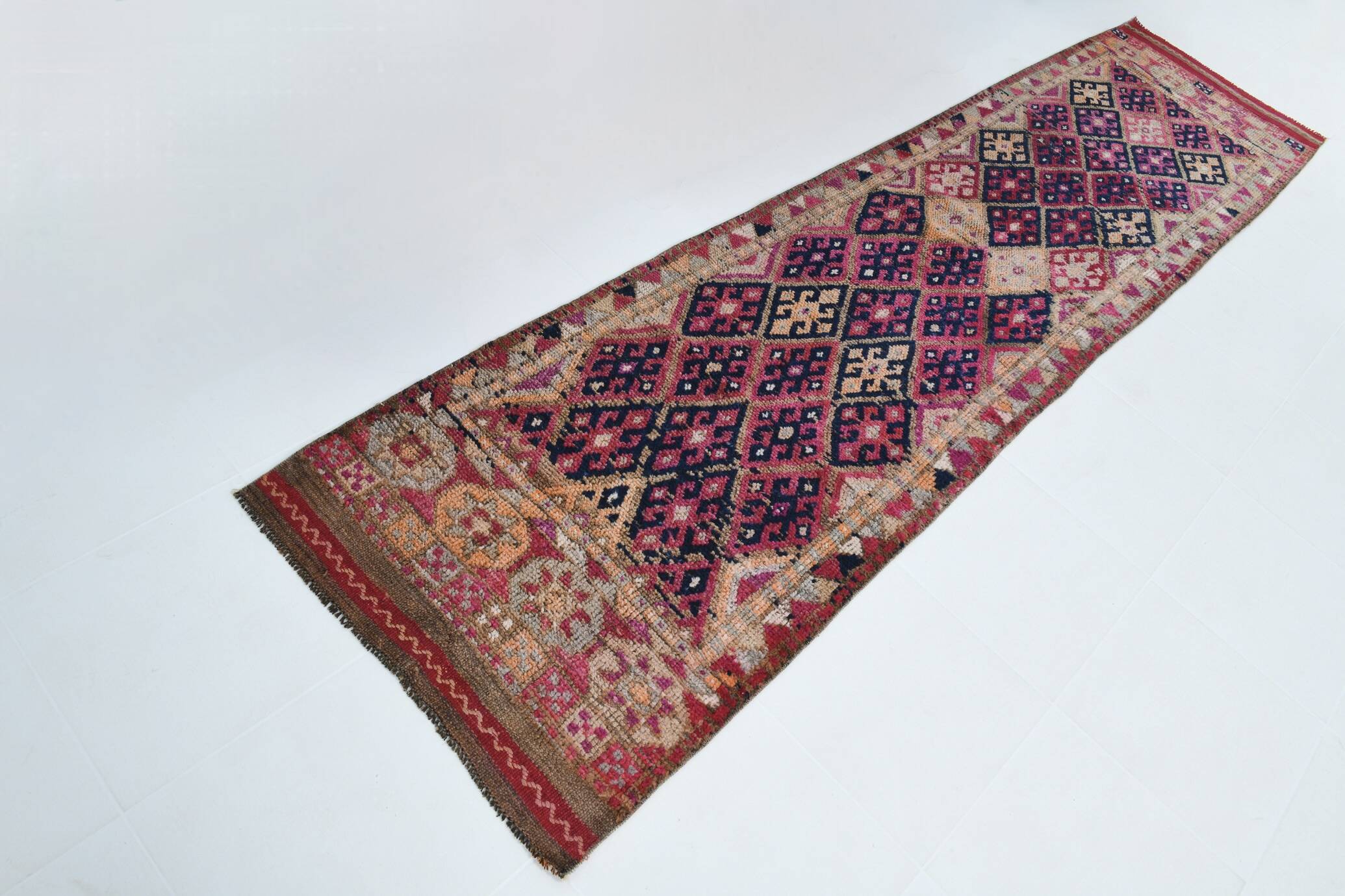 3x12 Red & Navy Blue Oushak Runner Rug, 83x352Cm