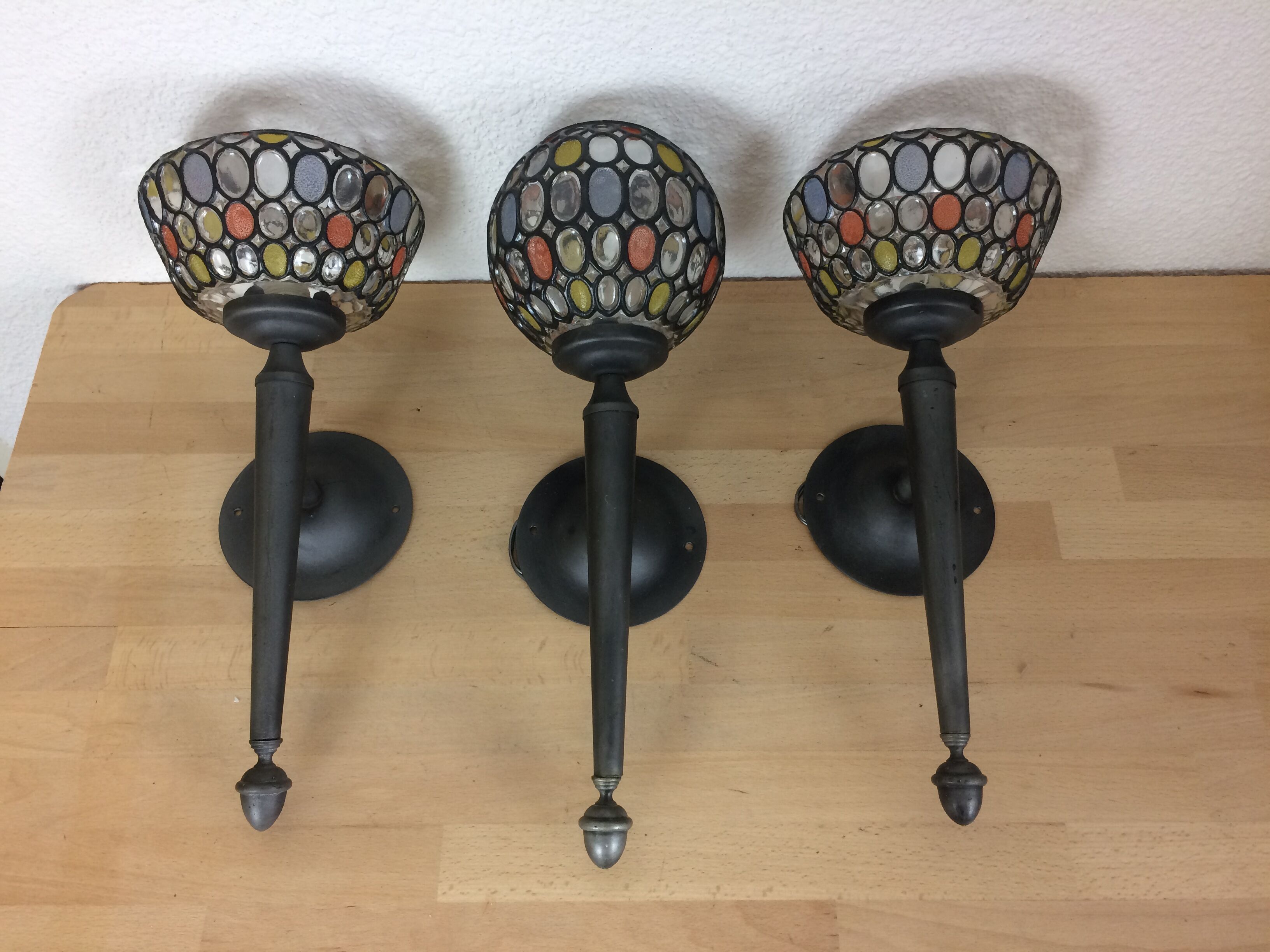 3 appliques balls colored glass and metal, 80s
