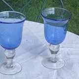 Two large wine glasses in blown and bubbled glass, duo line, vintage