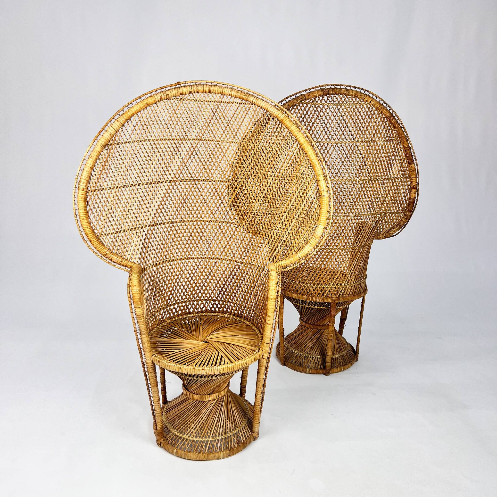 Set of 2 Vintage Rattan and Wicker Peacock Chairs, 1970s