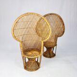 Set of 2 Vintage Rattan and Wicker Peacock Chairs, 1970s