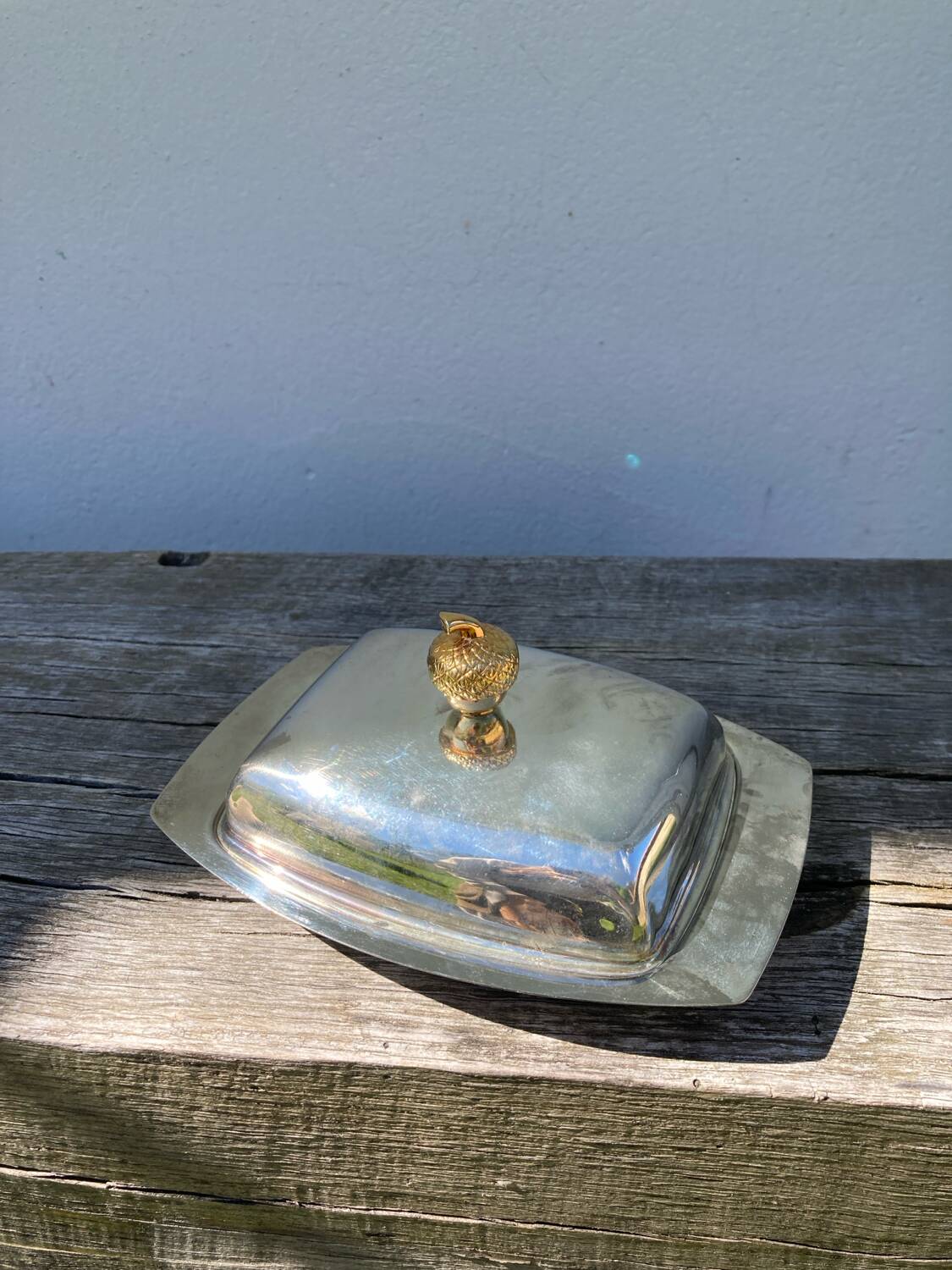Acorn silver metal butter dish