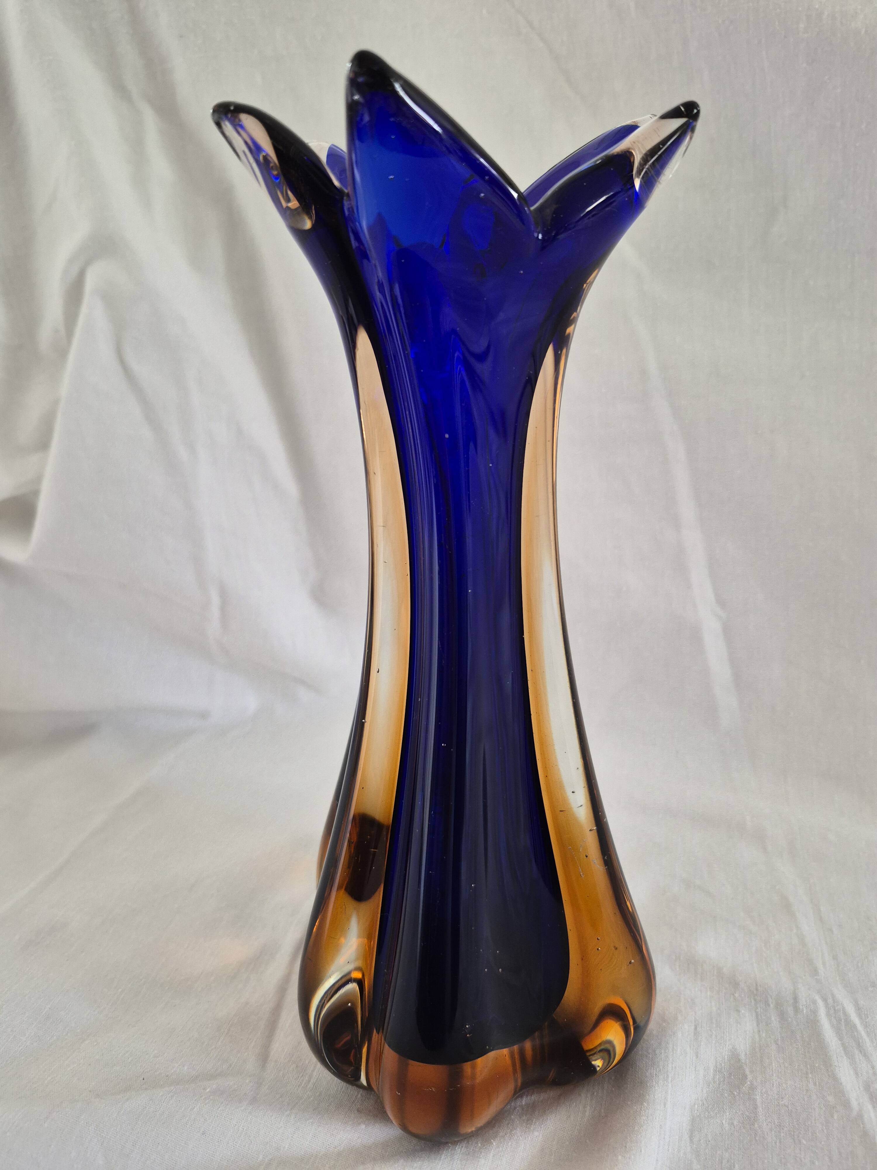 Vintage cobalt blue and amber blown glass vase in Murano style.