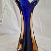 Vintage cobalt blue and amber blown glass vase in Murano style.
