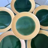 Set of 6 flat plates in green enamel ceramic salins model "capvern" years 60-70