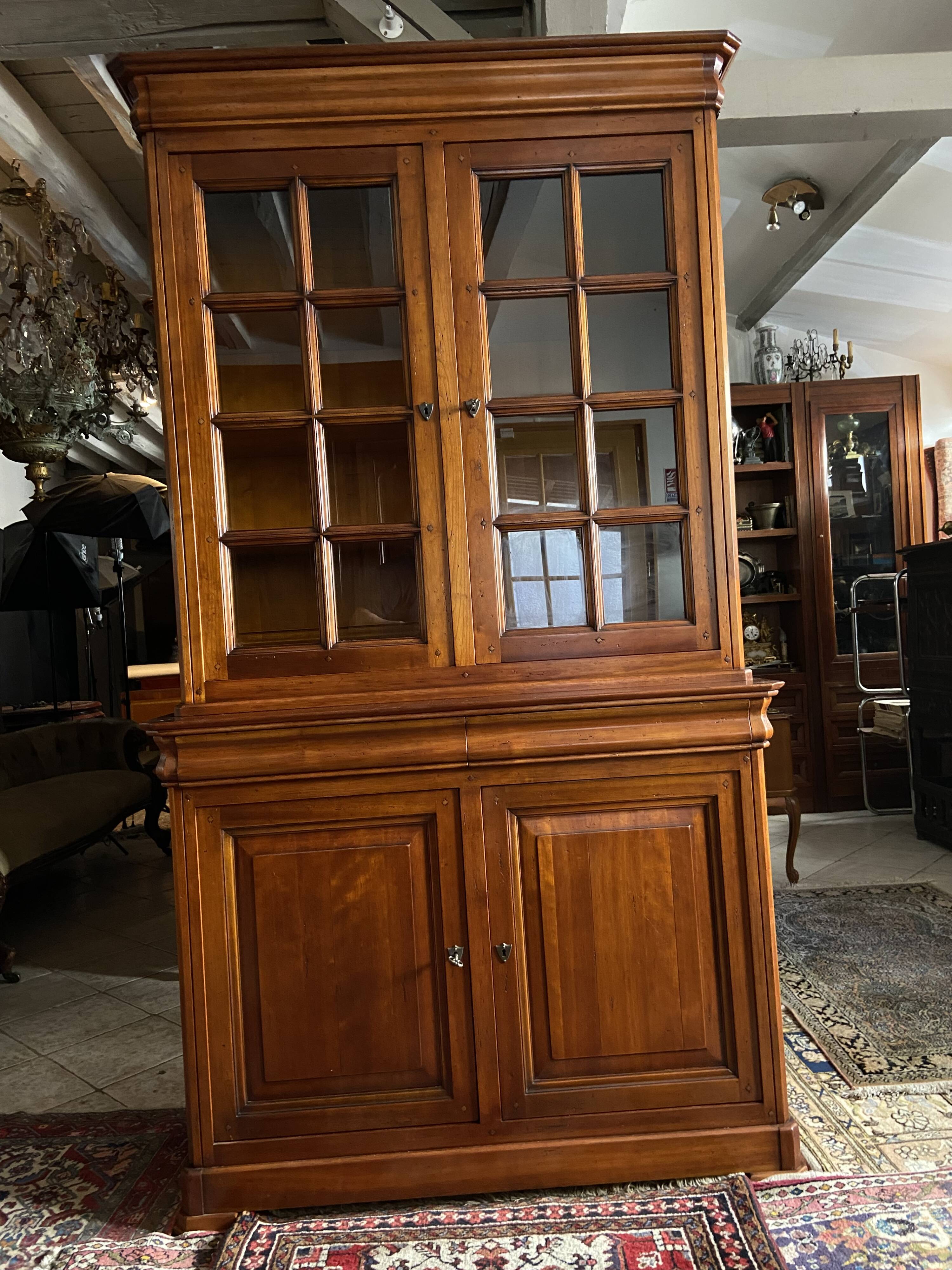 Library buffet two-body display cabinet solid cherry Louis-Philippe