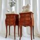 Mid-century French Louis XV style bedside tables with marble tops and floral marquetry, 1940s, set of 2