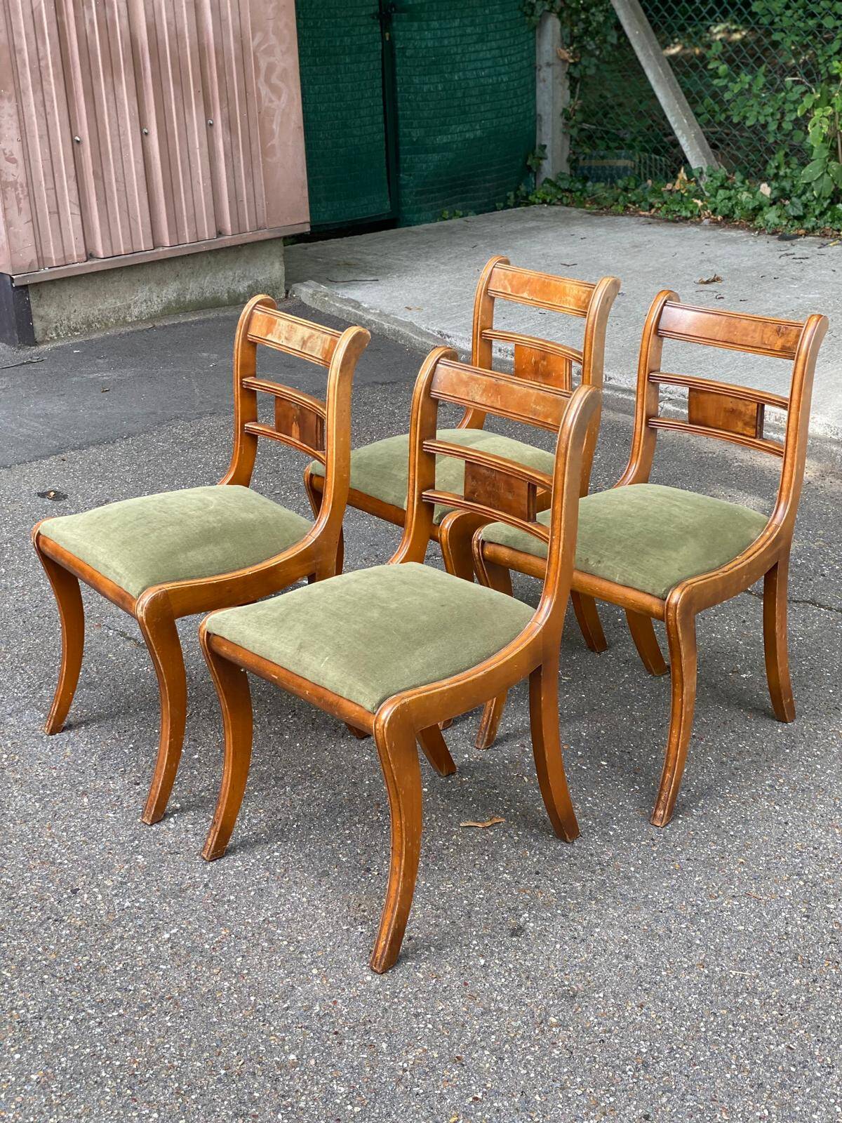 4 regency chairs in solid wood and green velvet suede
