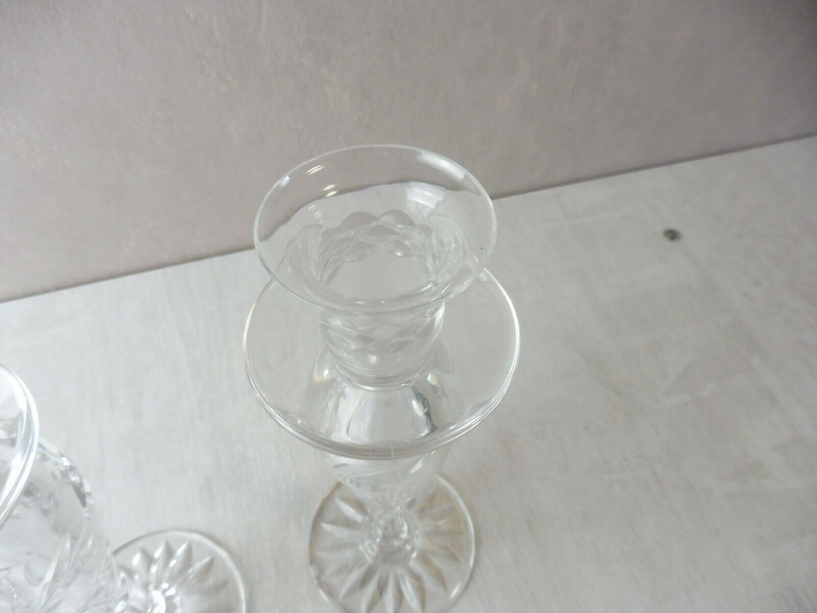 Pair of old carved engraved crystal candlesticks, Sirius style, Saint Louis