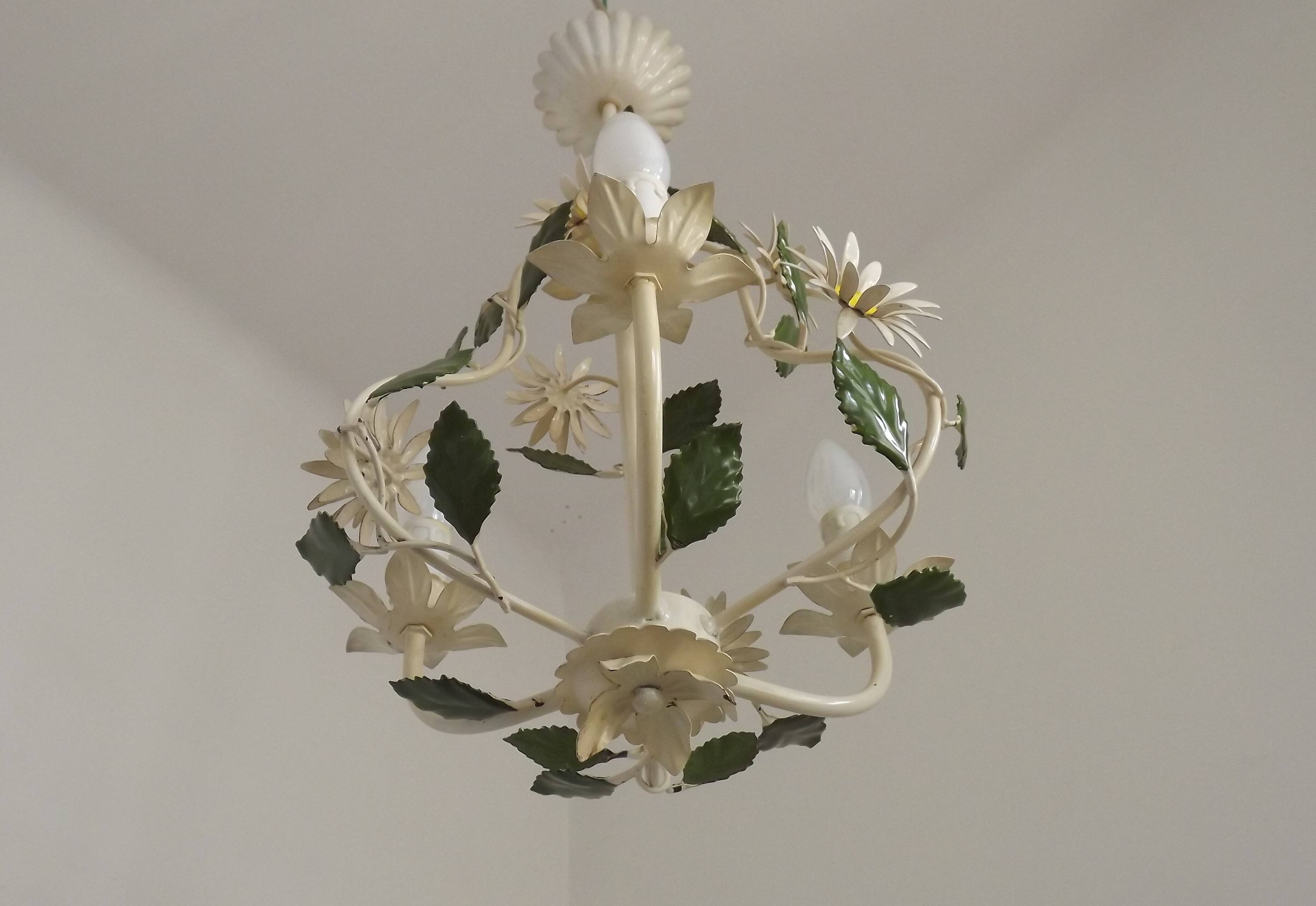 French Vintage 3 Light Daisy Flower Metal Cage Chandelier