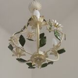 French Vintage 3 Light Daisy Flower Metal Cage Chandelier