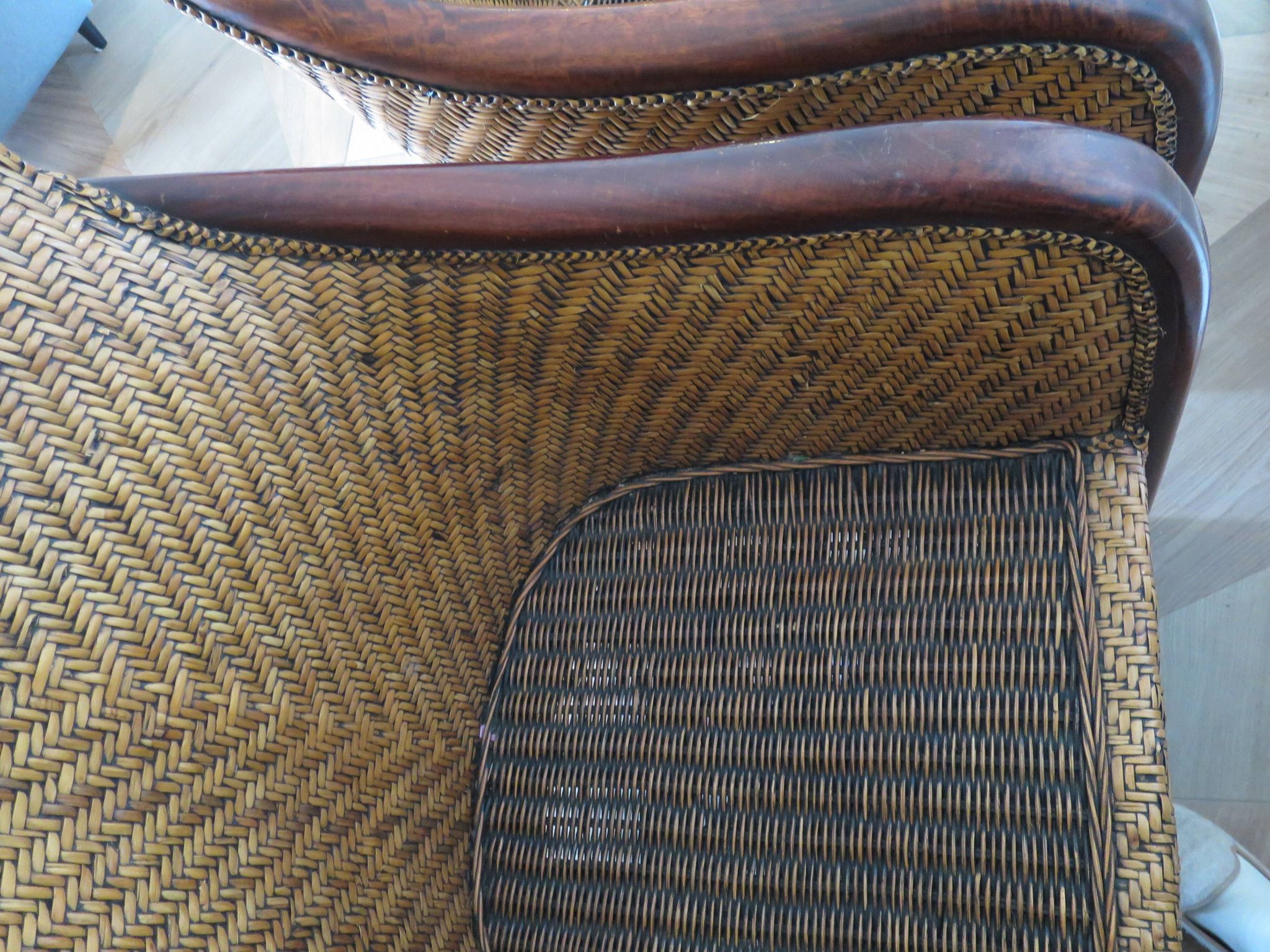 Set of 2 armchairs in woven rattan and exotic wood, 1980s