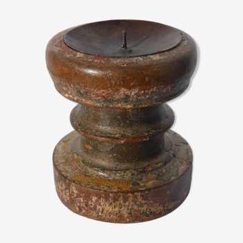 Candle holder round wood old teak patina of origin India