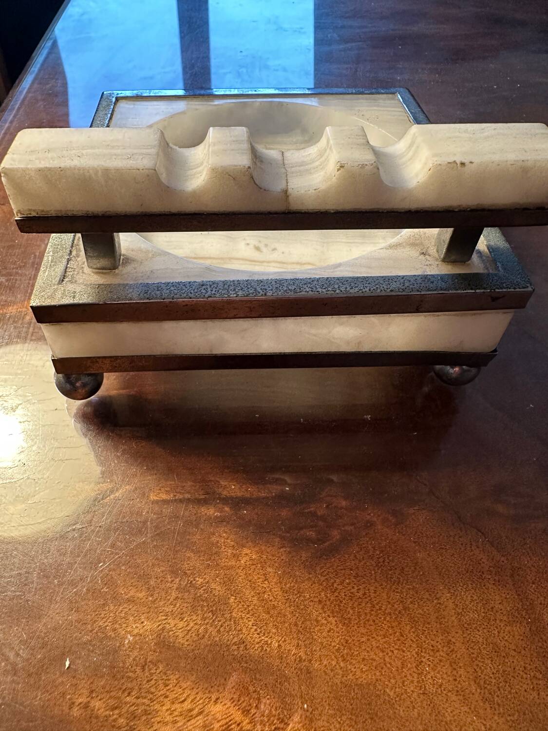 Art-deco ashtray - white stone and metal - made in France
