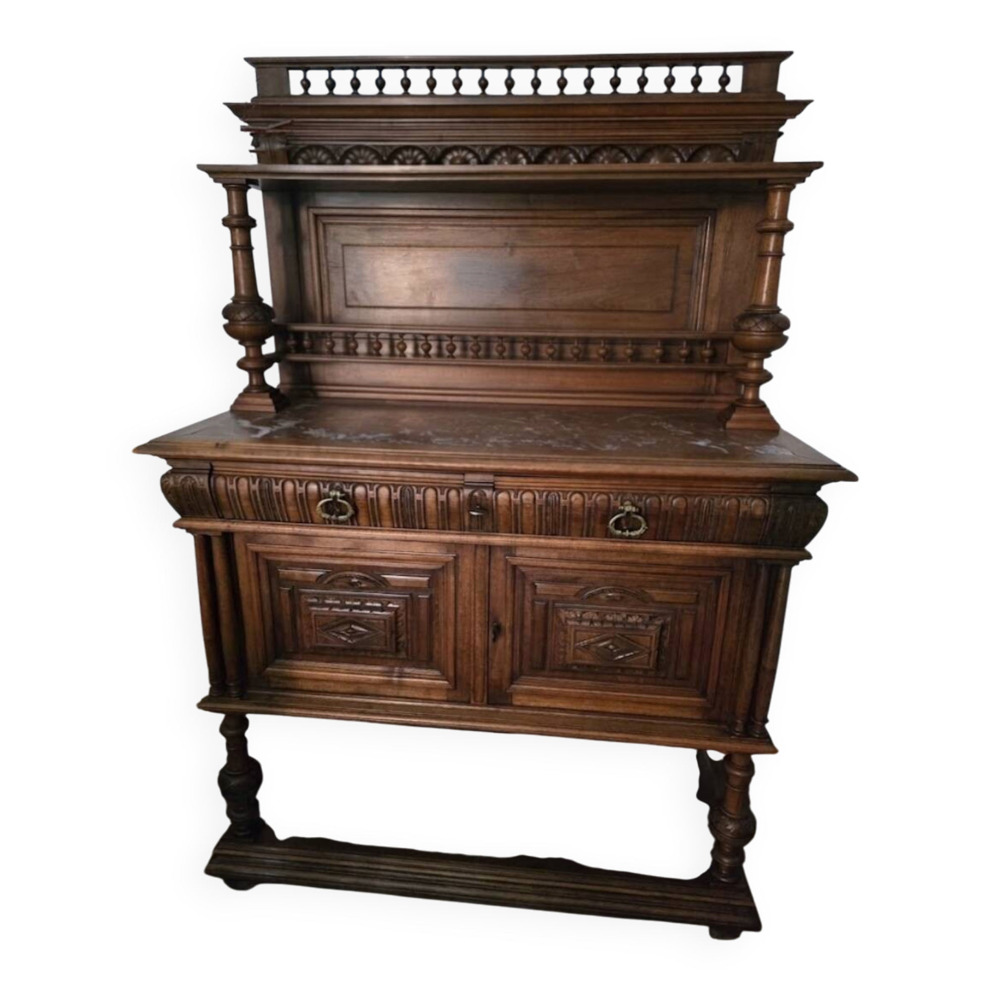 Magnificent buffet/cabinet in Henri II style made of solid walnut and marble.