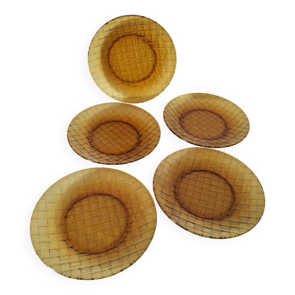 5 assiettes dessert vintage verre pressé moulé décor tressage