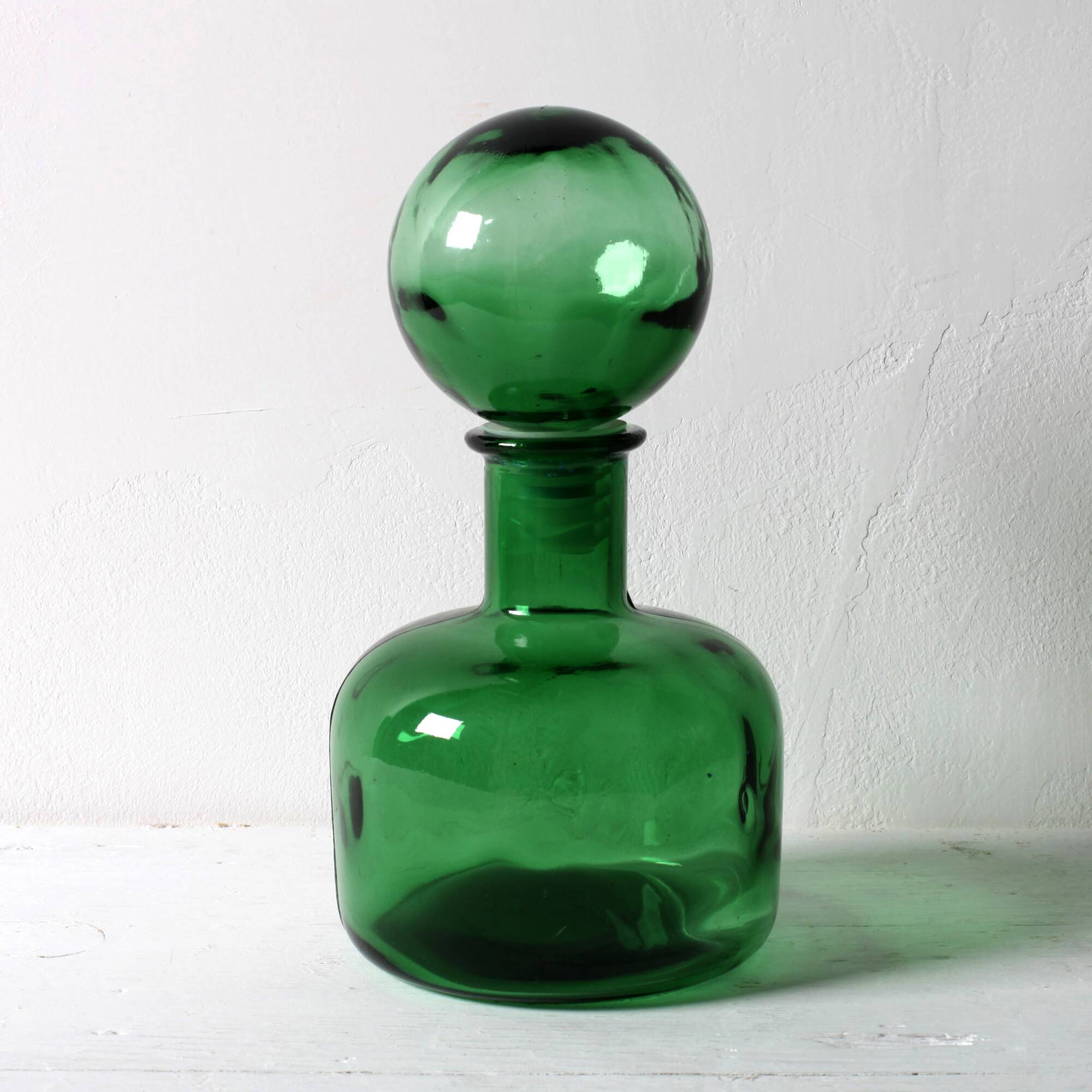 Emerald Green Glass Decanter / Genie Bottle with Stopper / Empoli / 1960s