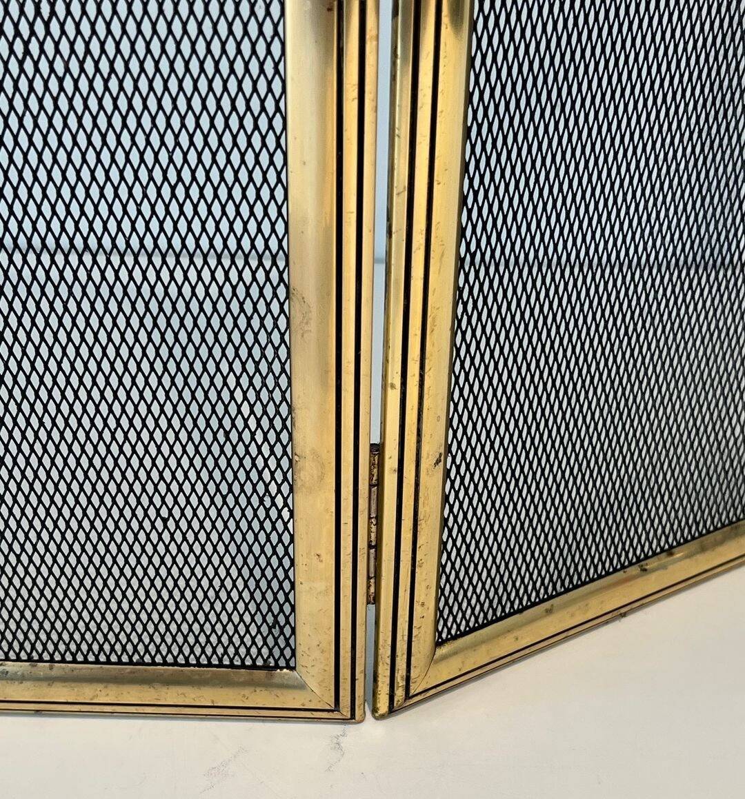 Three-Panel Neoclassical Fire Screen with Wire Mesh and Brass Frame