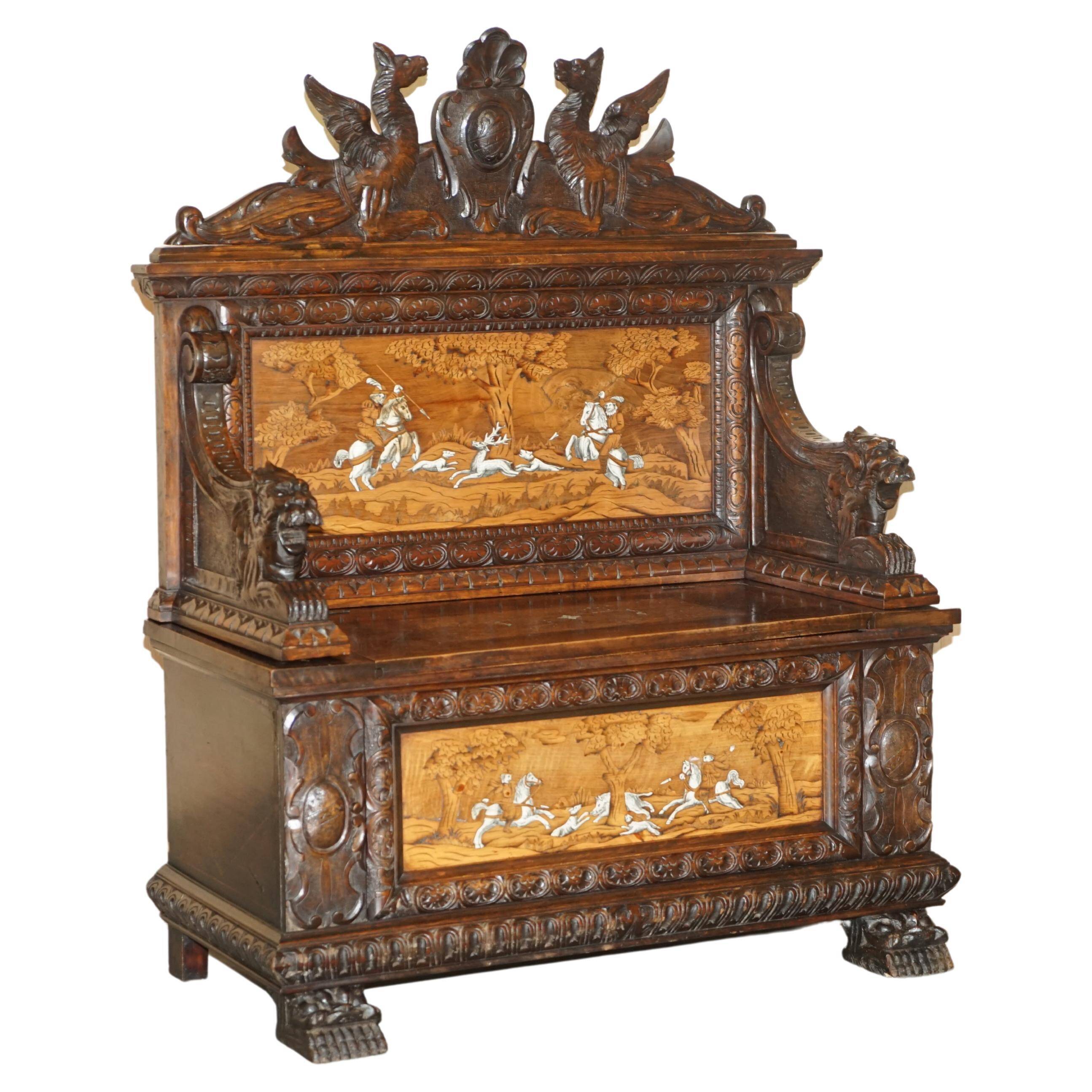 Banc Monks Antique Sculpté Lion Griffon 1860 avec Rangement