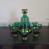 Carafe et verres à liqueur vert et doré verre ancien