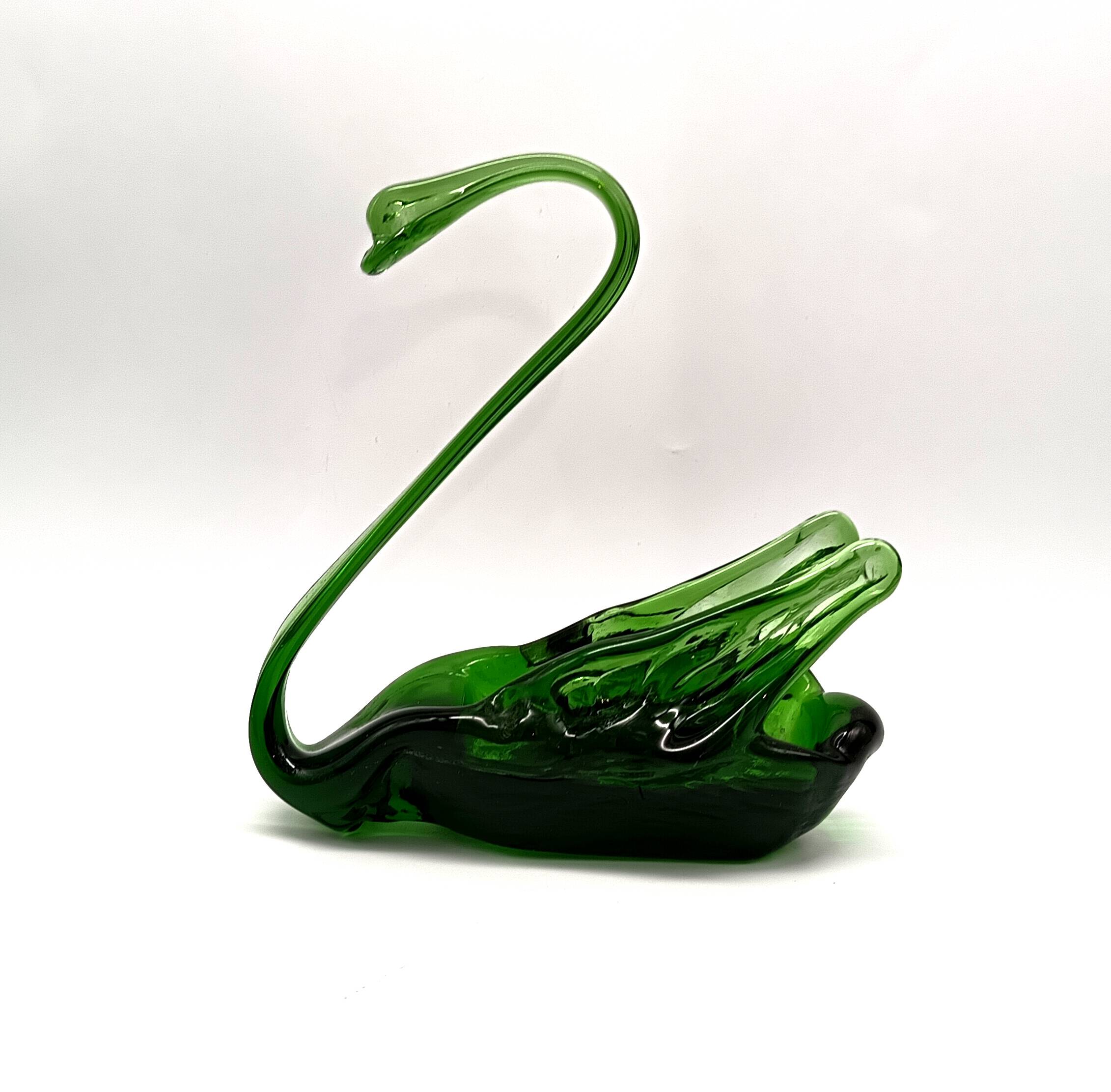 2 vintage glass SWANS, handcrafted, bottle green, early 20th century