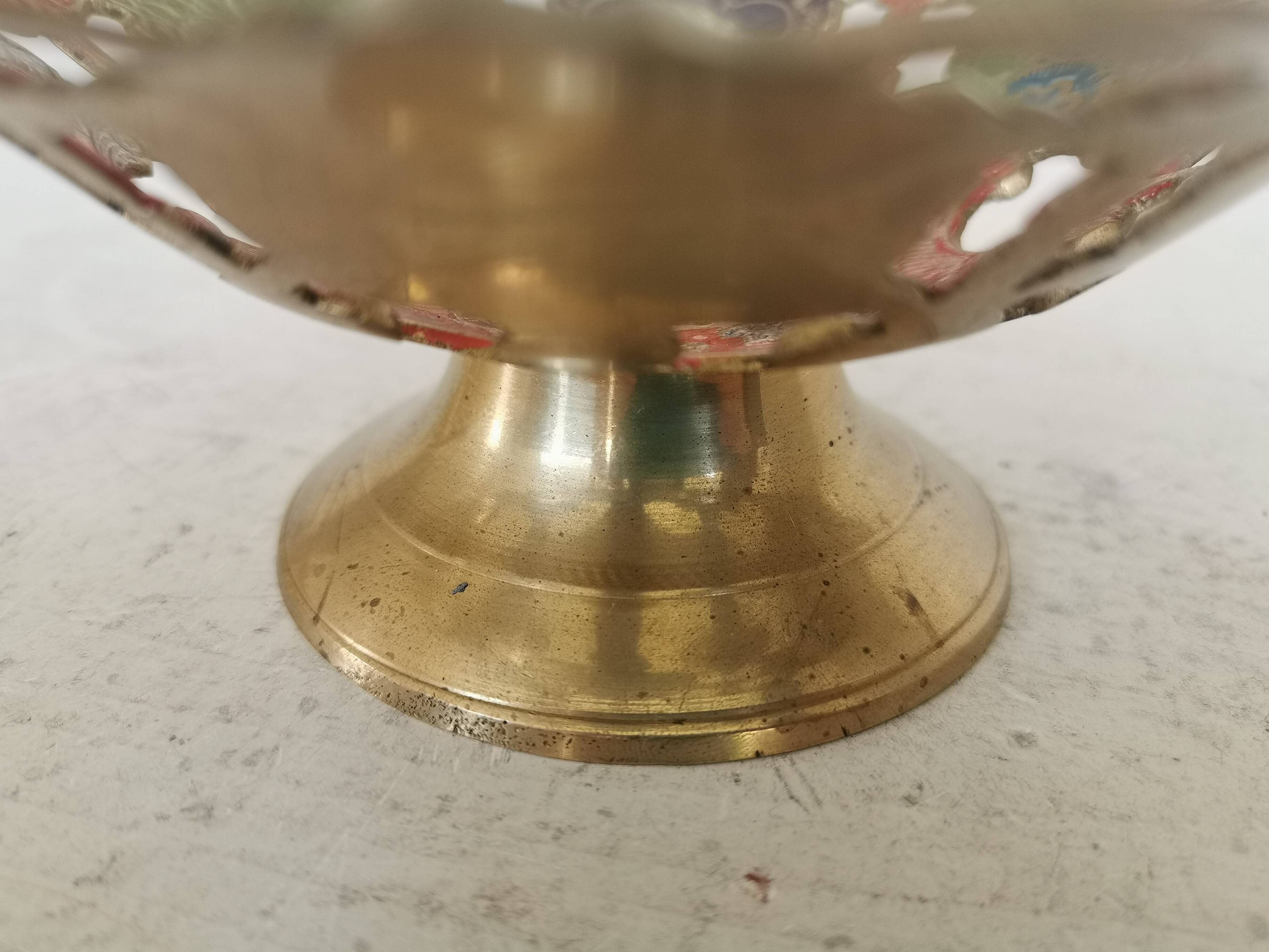 Vintage Brass Pedestal Bowl: Floral Motif, Red Blue Green Painted