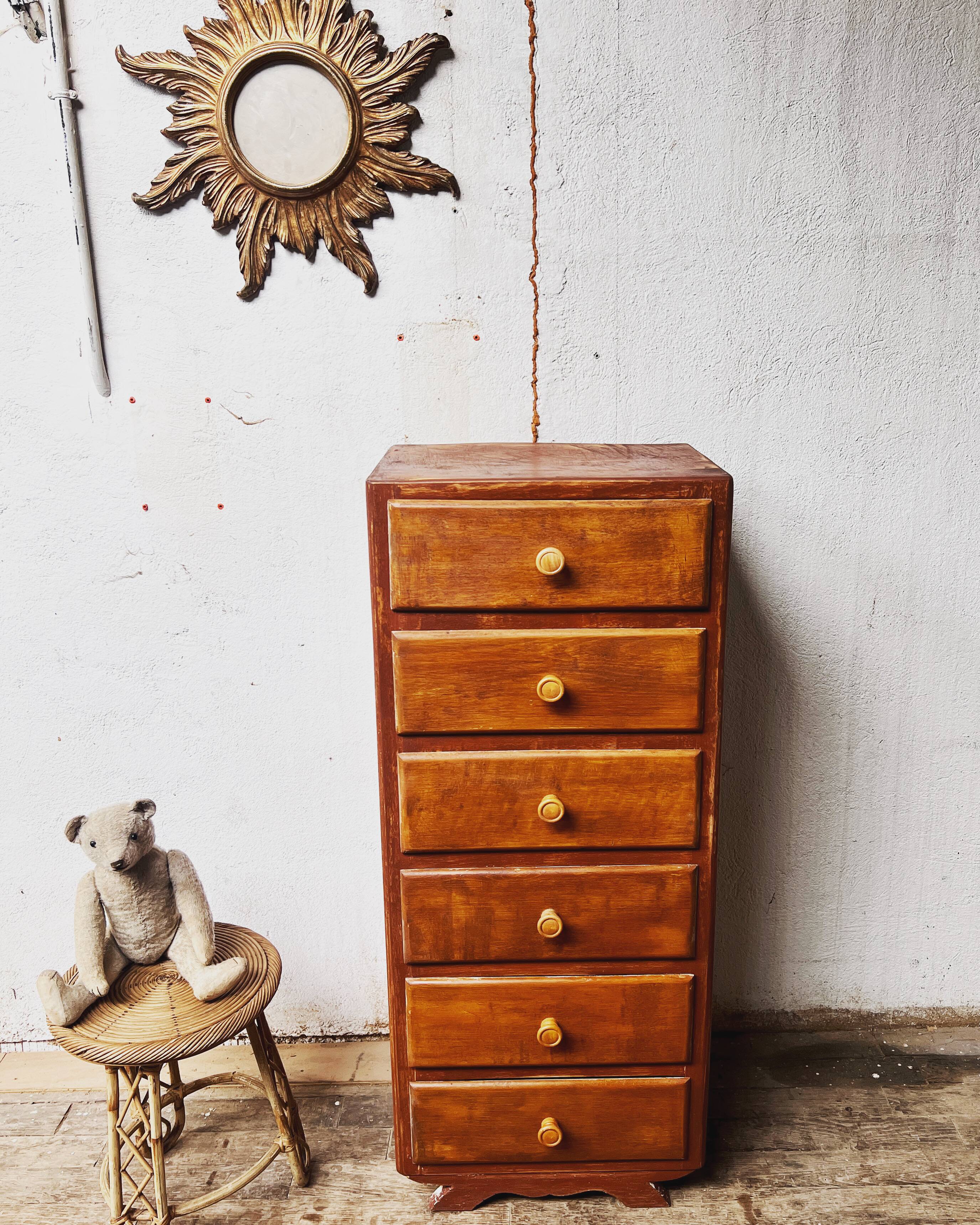 Commode Chiffonnier Vintage Rose 5 Tiroirs En Bois - Reconditionnée