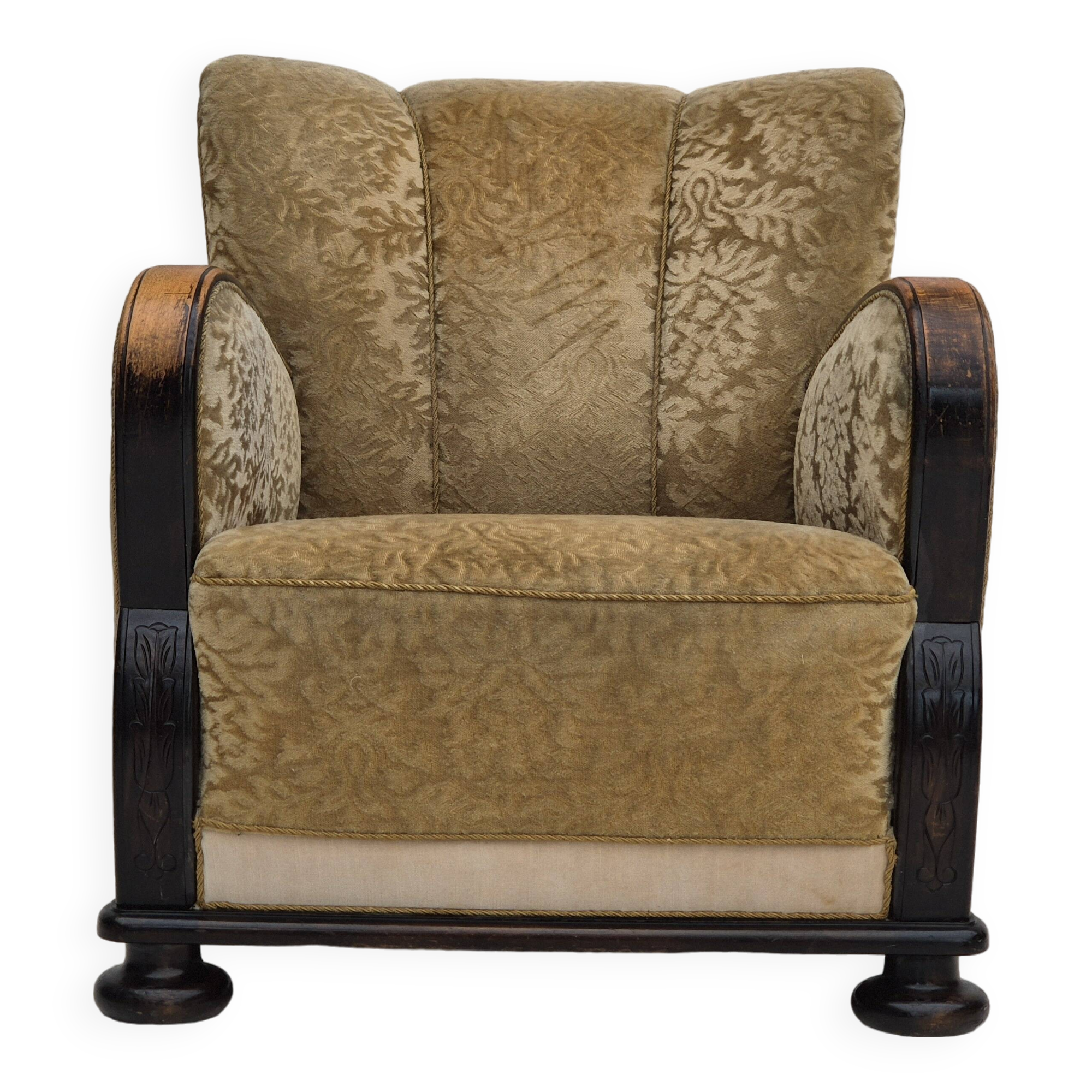 1950s, Danish vintage relax armchair, furniture velour, ash wood.