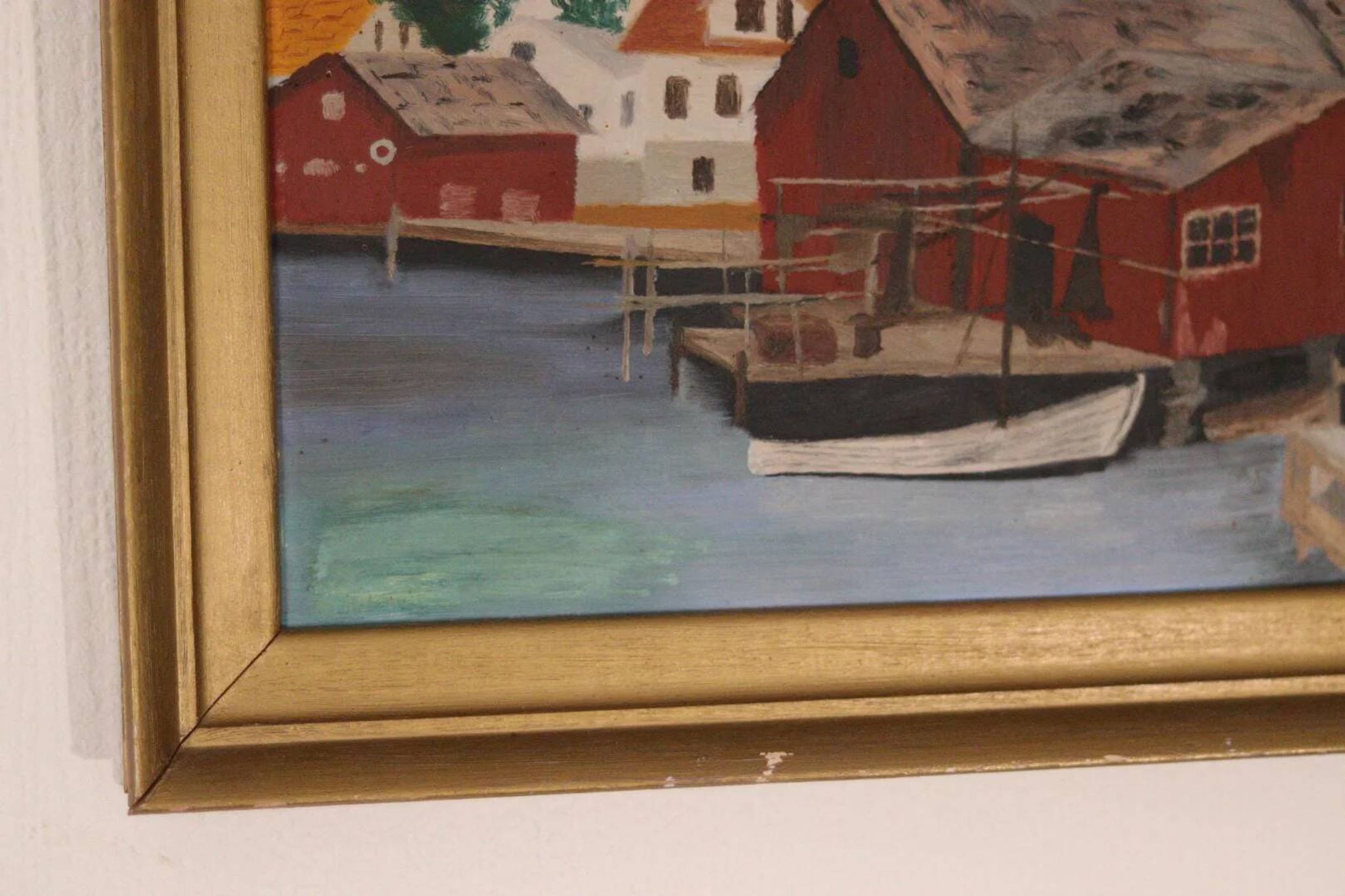 Huile sur panneau suédoise originale du milieu du siècle – ville côtière