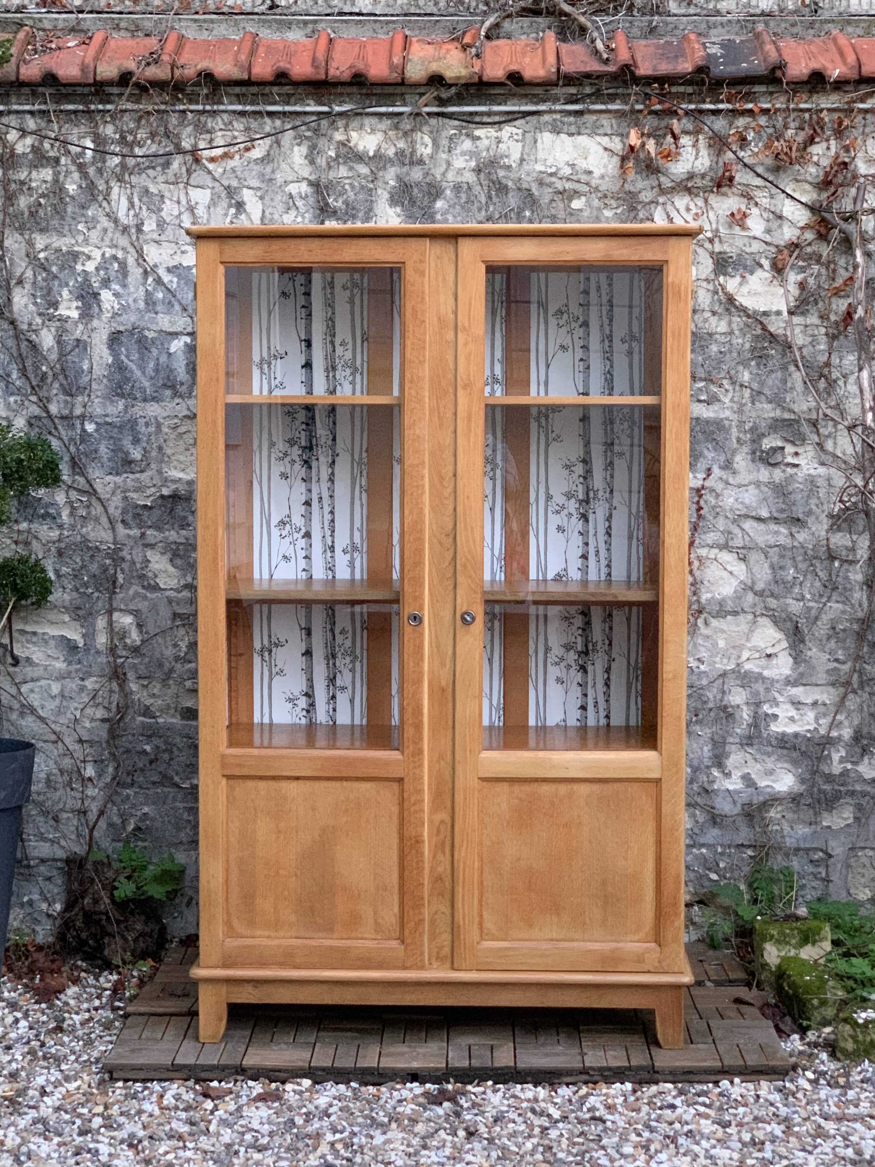 Solid raw oak school glass cabinet 1950