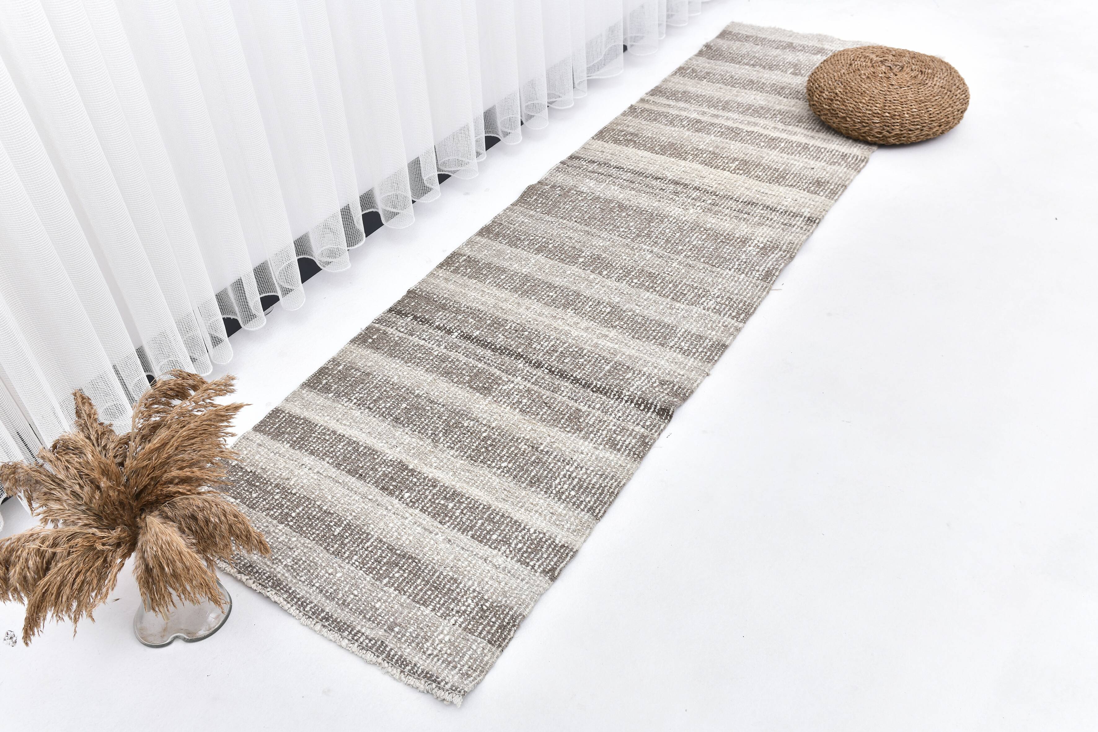 Brown Cream Runner rug, wool corridor kilim carpet  71x246 cm