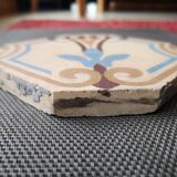 Antique earthenware tile, thick, octagonal shape, polychrome patterns