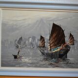 peinture marine voiliers bord de mer en Asie HSP signé