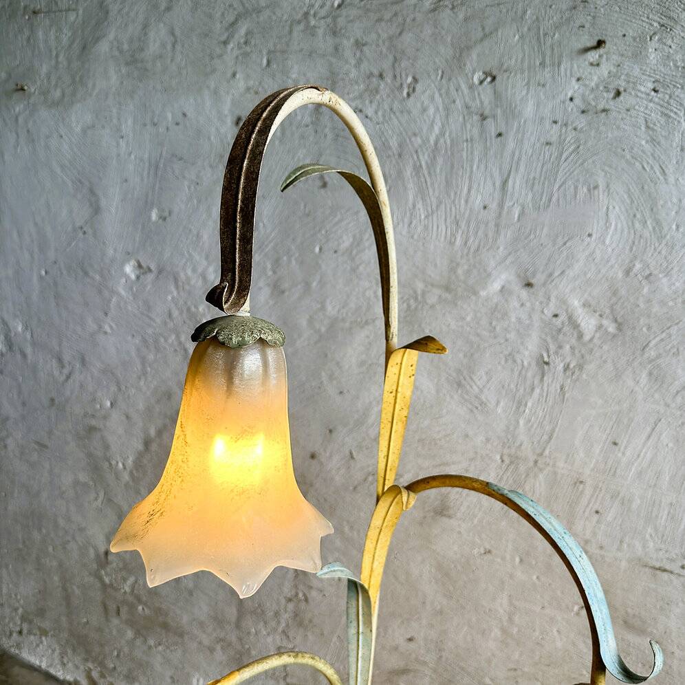 Mid-century elegant toleware floral floor lamp with glass pendants, France 1980