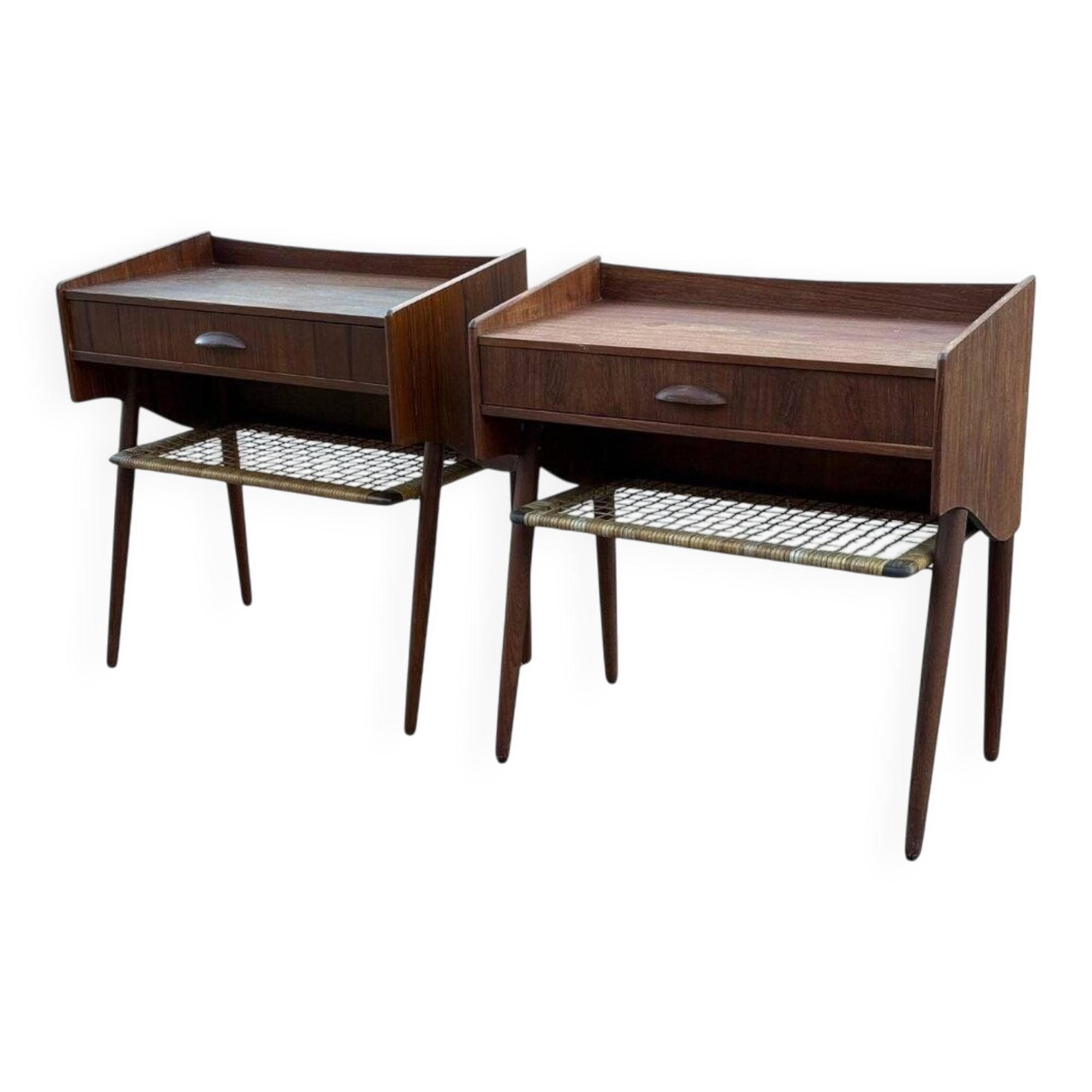 Modernist Danish teak bedside tables with rattan shelves, set of 2