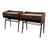 Modernist Danish teak bedside tables with rattan shelves, set of 2