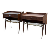 Tables de chevet danoises modernistes en teck avec étagères en rotin, lot de 2