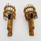 Pair of rattan bamboo lantern wall lights. 1950s-1960s