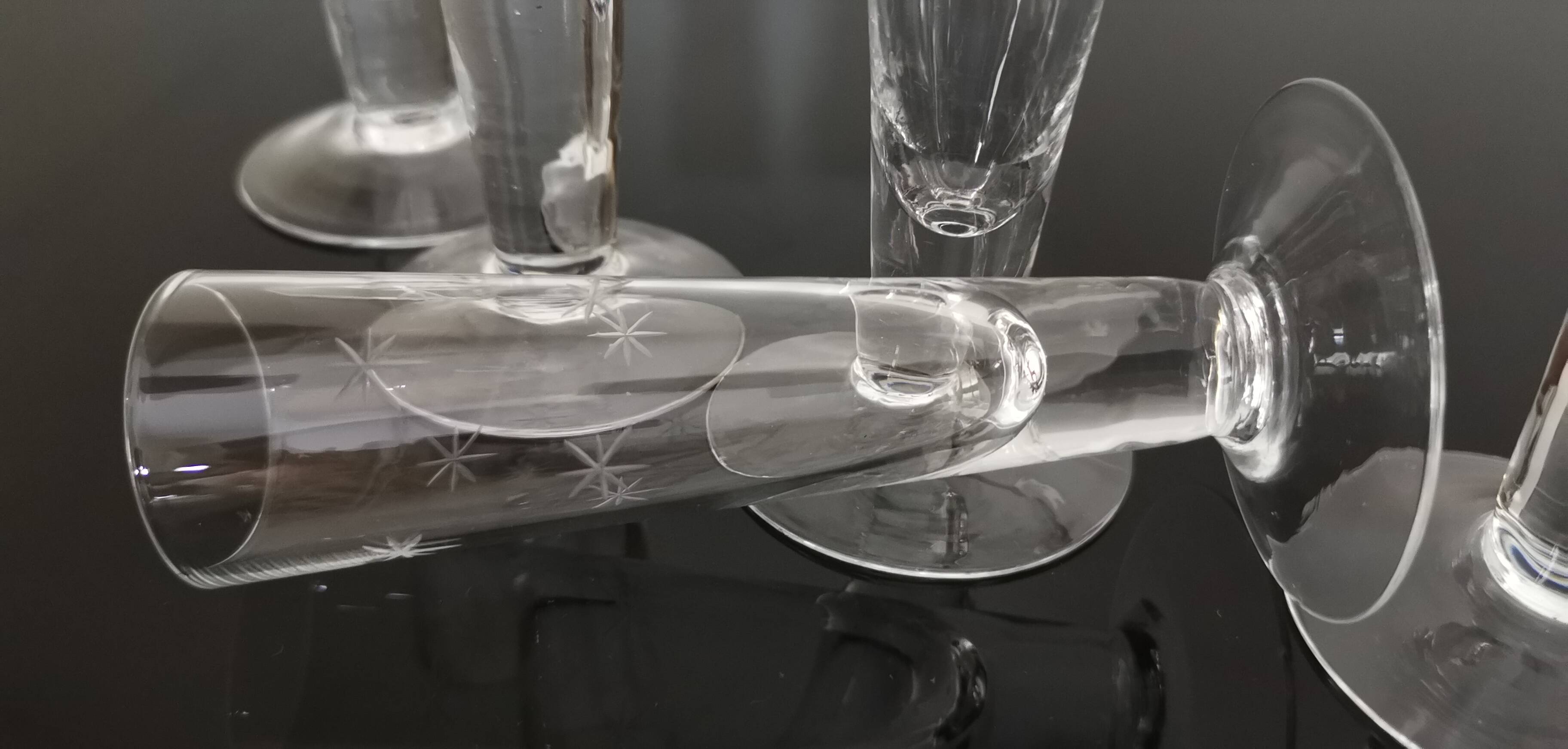 6 small antique hand-blown crystal flutes