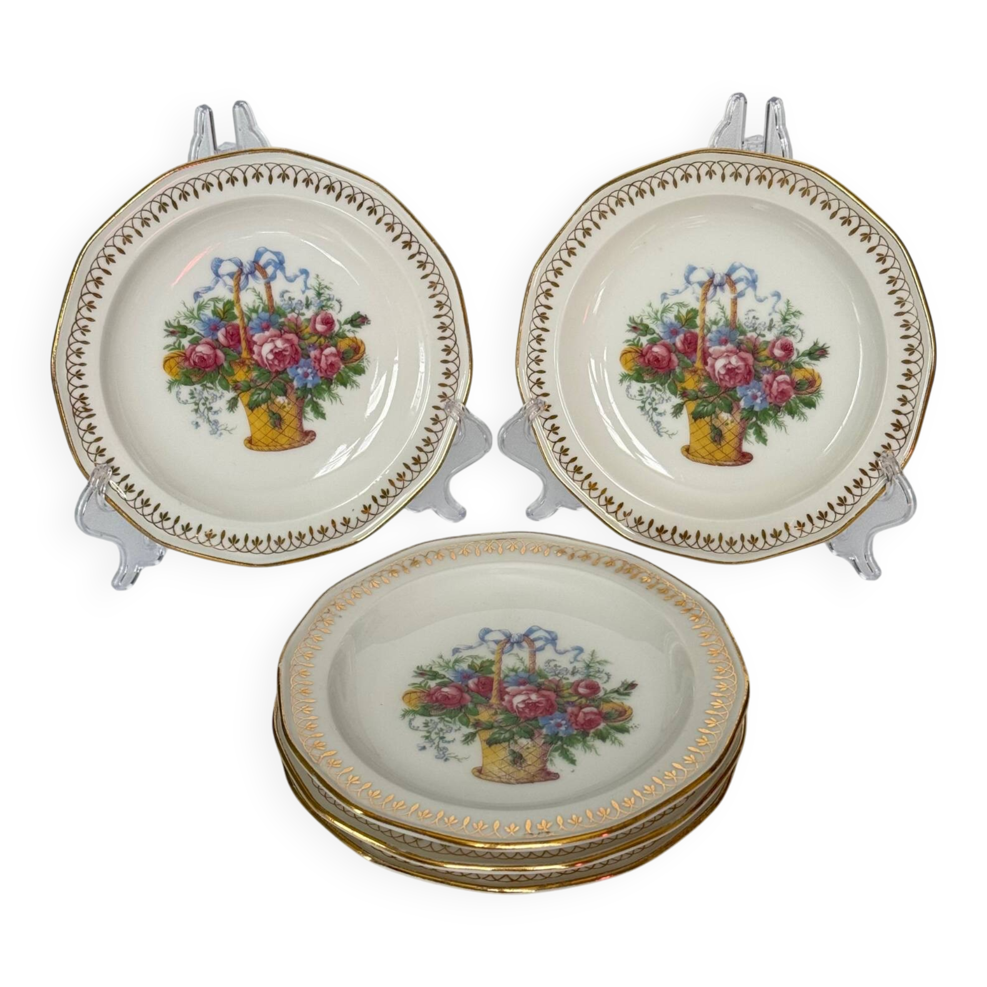 5 Assiettes à Dessert en Porcelaine de Limoges Nœud, Fleurs et Panier